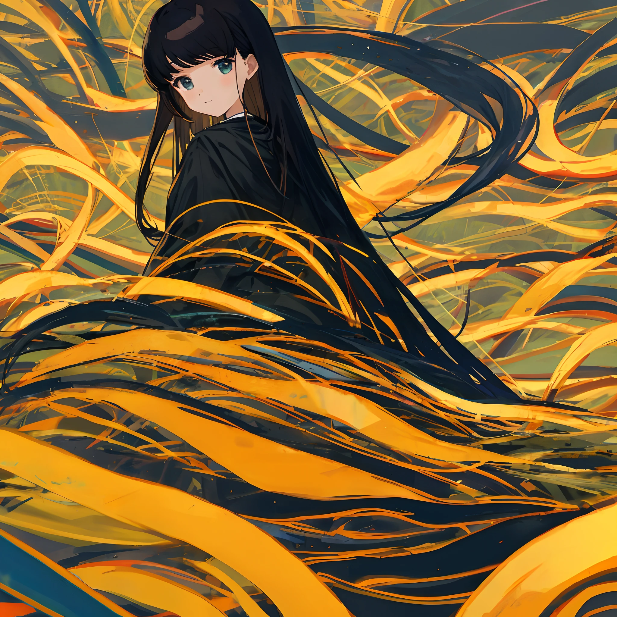 Black long straight girl M-shaped bangs