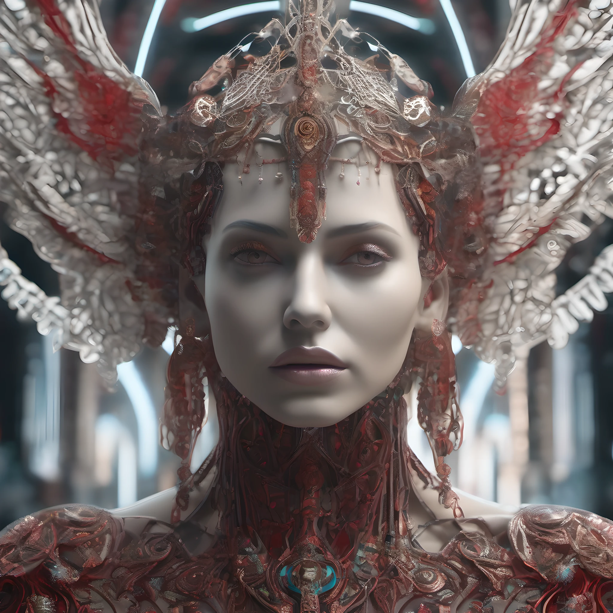 intricate ultra detailed 3d rendering beautiful angel of death, fantasy nature background, 150mm analog lens, beautiful soft edge natural light, neon streak, roots, fine foliage lace, colorful details, Boris Bidjan Saberi outfit, earrings beaded, piercing, art nouveau fashion embroidery, intricate details, mesh wire, mandelbrot fractal, facial muscles, wires, microchip, badass, hyper realistic, ultra detailed, octane, volumetric lighting rendering, 8k post production, red and white with a bit of black, detailed metallic bones, demi-human and iridescent colors, Glenn Brown style, futuristic room, power of the god, high angle shot, intricate body poses