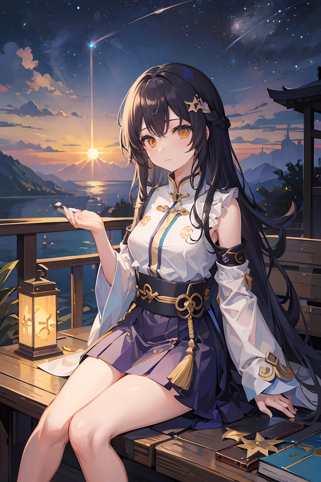octans, Skysky, stele(Skysky), landscapes, starrysky, natta, 1girl in,silhuette, nigh sky, 独奏, plein air, built, clouds, milkyway, sitting on, The tree, length hair, 城市, Cityscape
