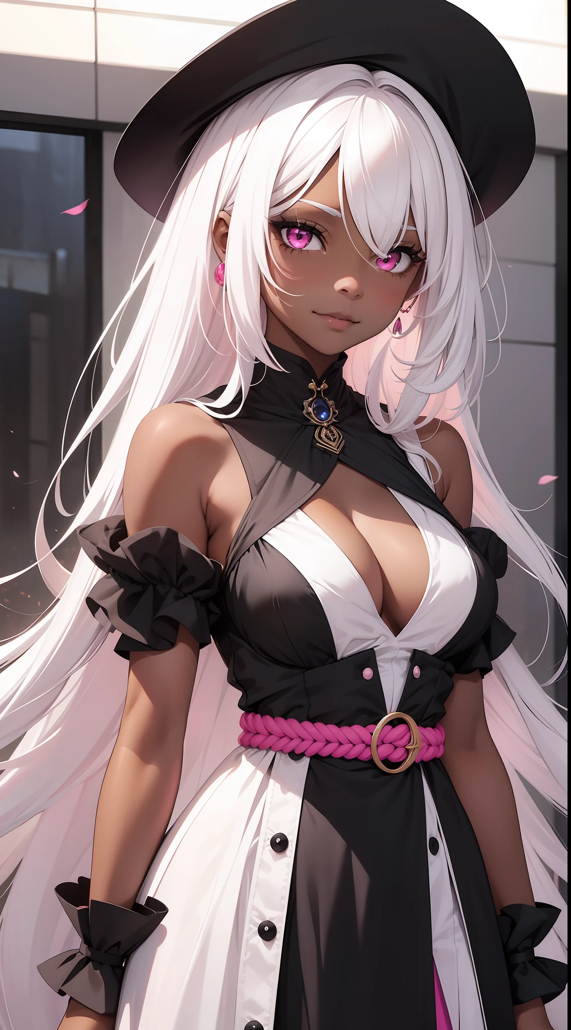 Young girl, black skin, long white hair with pink parts, pink eyes, smirk, vampire, white rich dress, sleeveless, open breasts, Masterpiece, hiquality