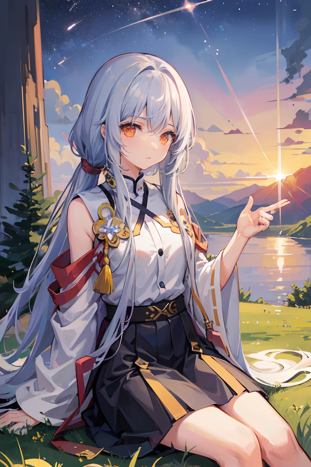 Vast landscape images、octans, Skysky, stele(Skysky), landscapes, starrysky, natta, 1girl in, nigh sky, 独奏, plein air, built, clouds, milkyway, sitting on, The tree, length hair, silhuette, grass field、