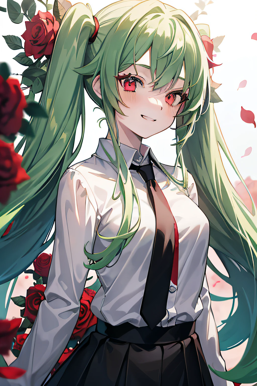 A beautiful girl, anime style girl, green hair, straight hair, long hair, twin tail, red eyes, white shirts, black skirt, black necktie, long slaves, holding gun, with red roses, dark, smiling, (small breasts), 8k, super detail, masterpiece, high quality, high resolution, high detail, high face detail, happiness, HD quality