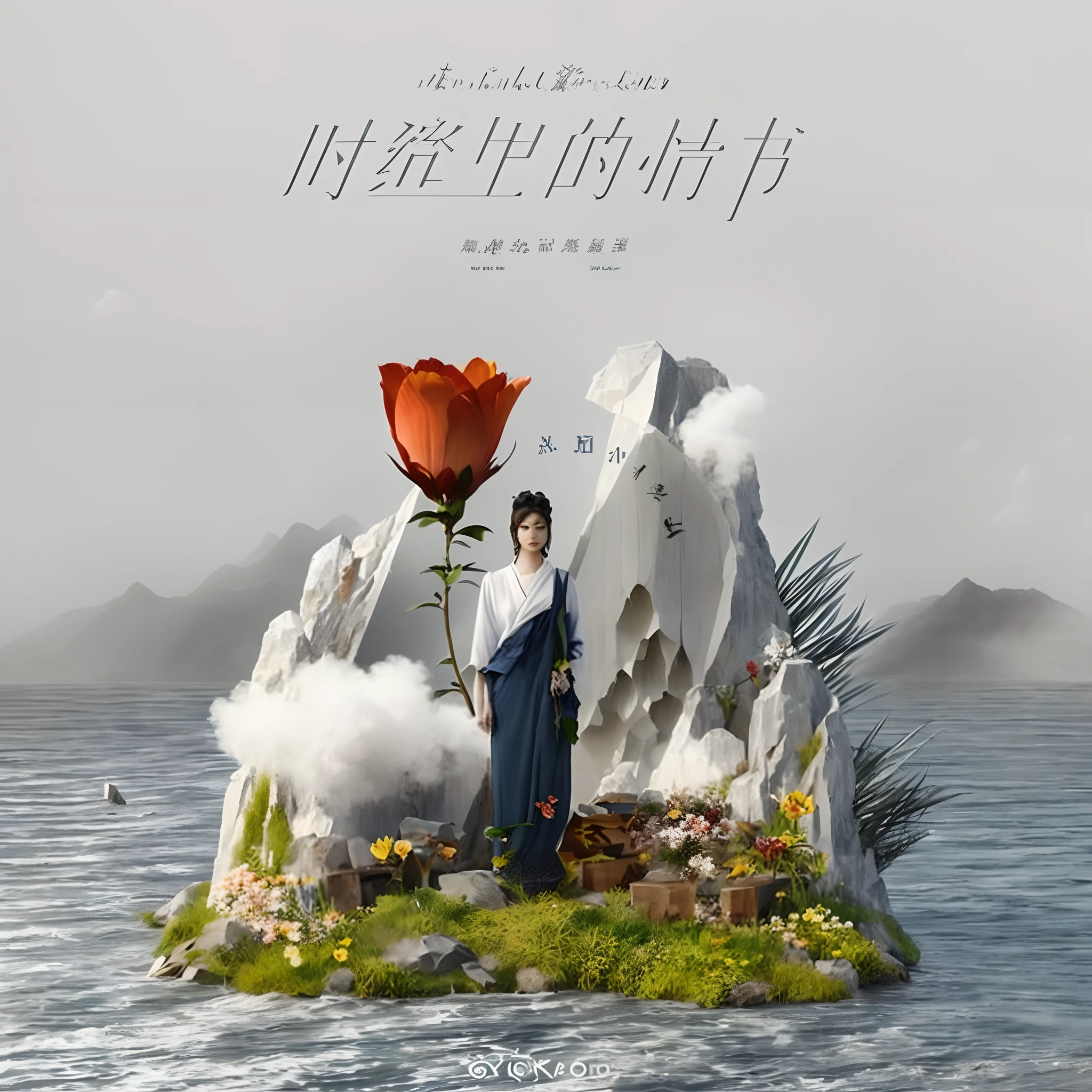 Arafod image of a woman standing on an island holding a flower, music album art, new album cover, album cover concept art, album covers, Official artwork, album covers, music album art, Album art, photorealistic music album cover, album covers, album covers, album covers!, author:Tang Xianyun Sundara, author:Xi Gang