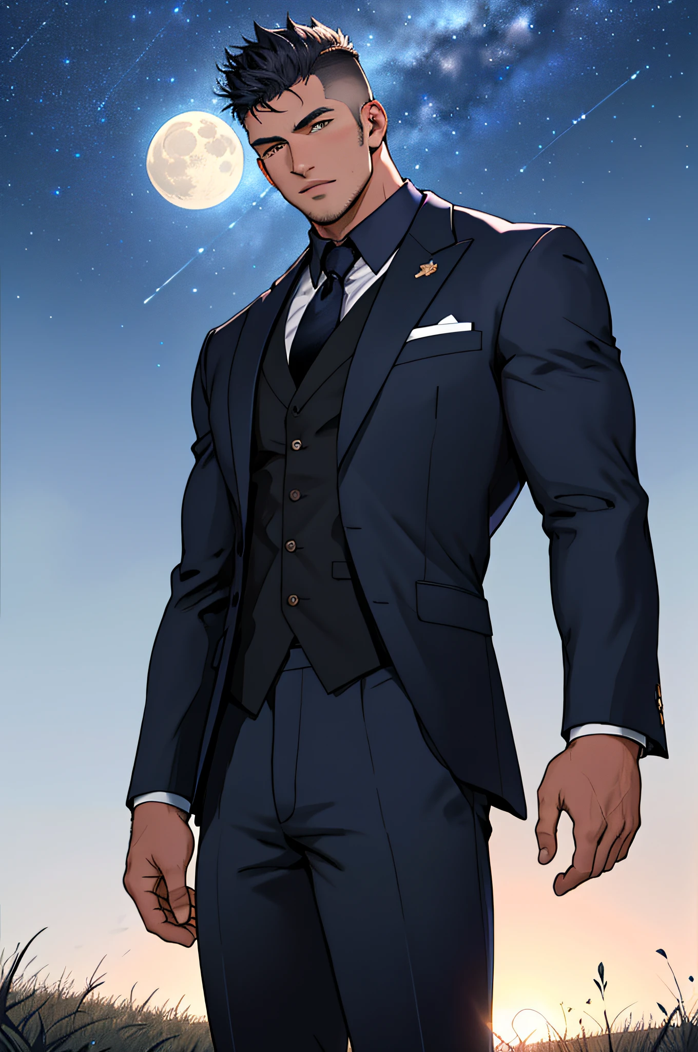 Draw a full-fledged footballer,Standing on the steppe at night,He wears a fancy suit,The man looks confident and determined,looking-down,Crew cut,full bodyesbian,Stars dot the sky,shooting from below,Big moon highlights background