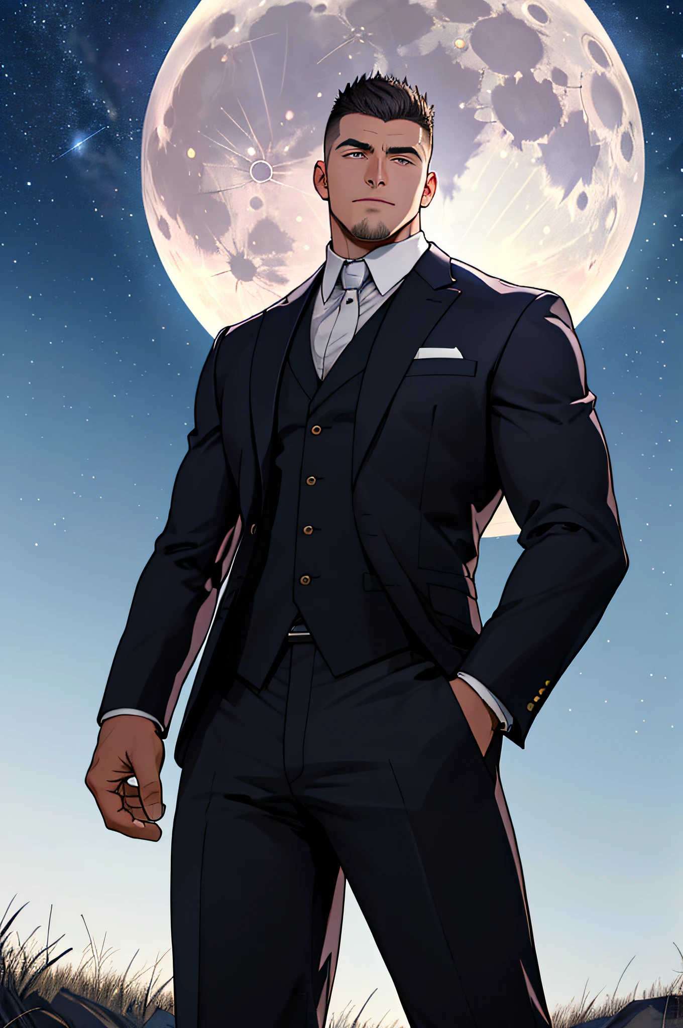 Draw a full-fledged footballer,Standing on the steppe at night,He wears a fancy suit,The man looks confident and determined,looking-down,Crew cut,full bodyesbian,Stars dot the sky,shooting from below,Big moon highlights background