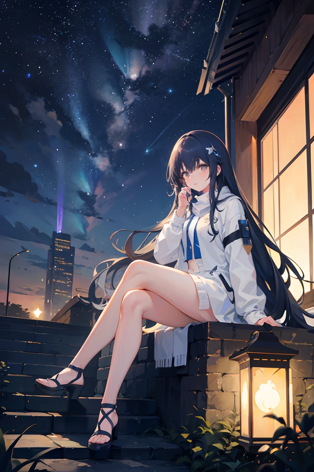 octans, sky, star (sky), scenery, starry sky, night, 1girl, night sky, solo, outdoors, building, cloud, milky way, sitting, tree, long hair, city, silhouette, cityscape