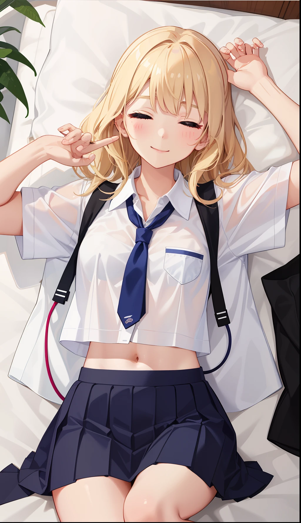 1girl in、A smile、The shirt、skirt by the、(small tits)Chilarism、Japan High School Student Uniform、serafuku、summer clothing、(Sheer Bra)、Upper body portrait、blonde hair、s asleep、Sleeping in large letters、