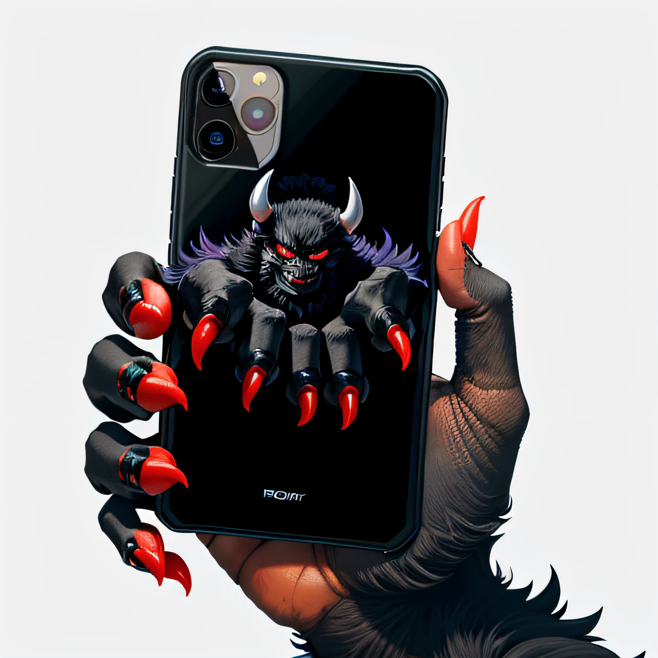 Furry black monster hands，The devil's claws，Long fingernails，Hold the front phone in the palm of your hand，Front phone，The monster holds the phone in the palm of his hand