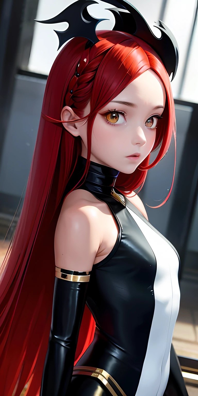 Need,tmasterpiece,redheadwear,Golden eyes,black-clad,Look up,The upper part of the body,Hairline,Fair skin,SideBraid