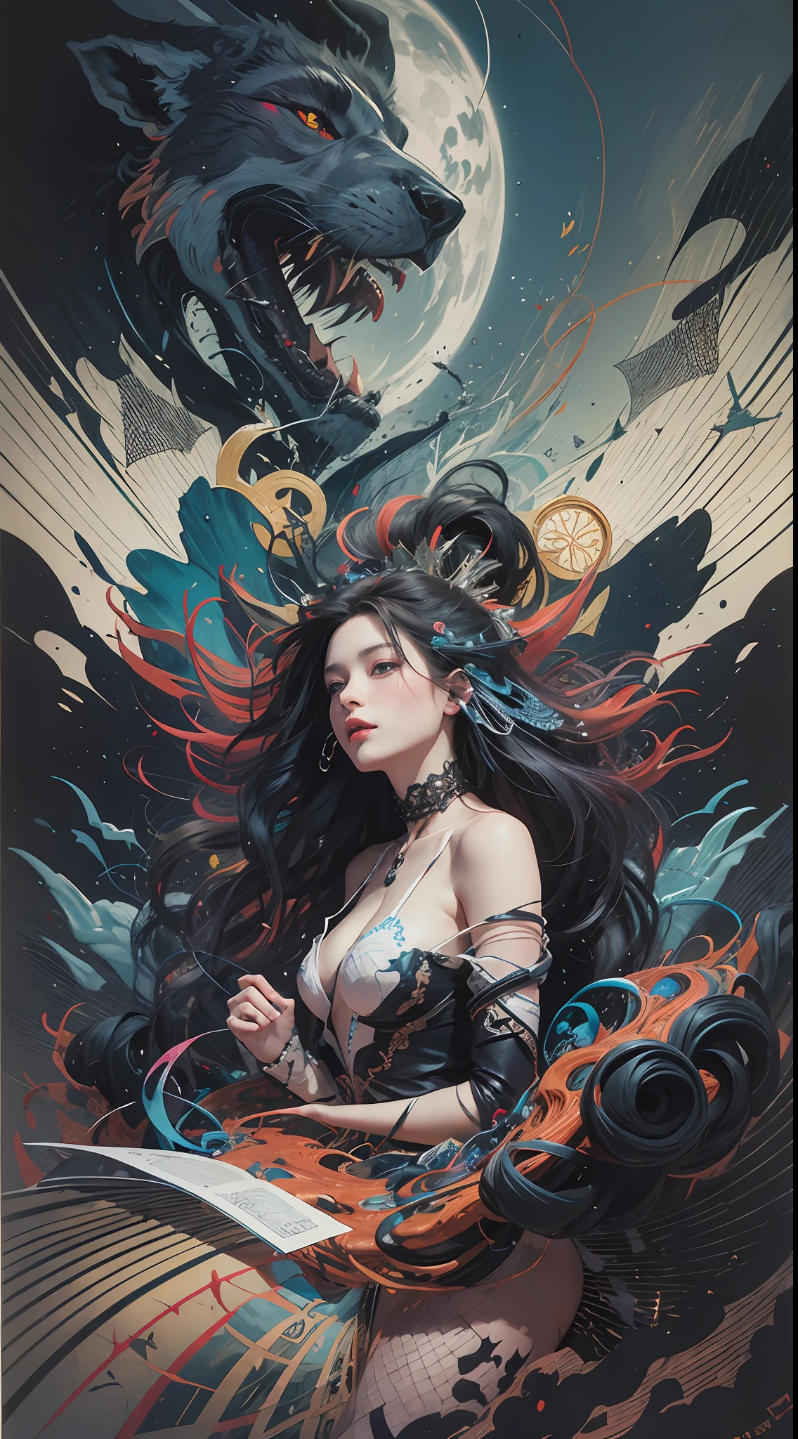 official art, unity 8k wallpaper, ultra detailed, beautiful and aesthetic, beautiful, masterpiece, best quality, (zentangle, mandala, tangle, entangle), dynamic angle, cowboyshot, the most beautiful form of chaos, elegant, a brutalist designed, vivid colours, romanticism, by james jean, roby dwi antono, ross tran, francis bacon, michal mraz, adrian ghenie, petra cortright, gerhard richter, takato yamamoto, ashley wood, atmospheric, enjoying a stream of music, where you can visualize the notes, ecstasy of musical notes, streaming musical notes visible