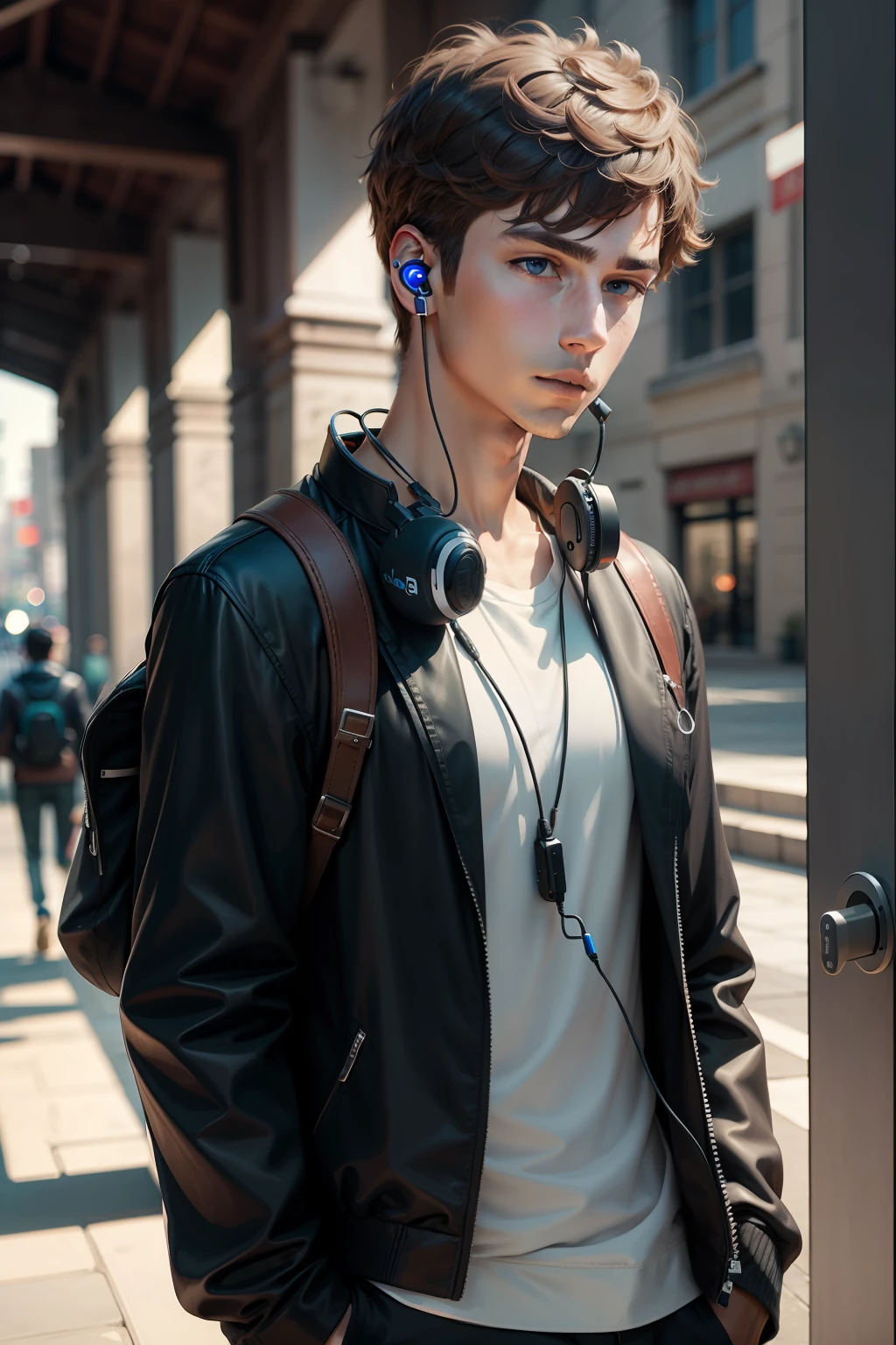 A young man wears a Bluetooth headset