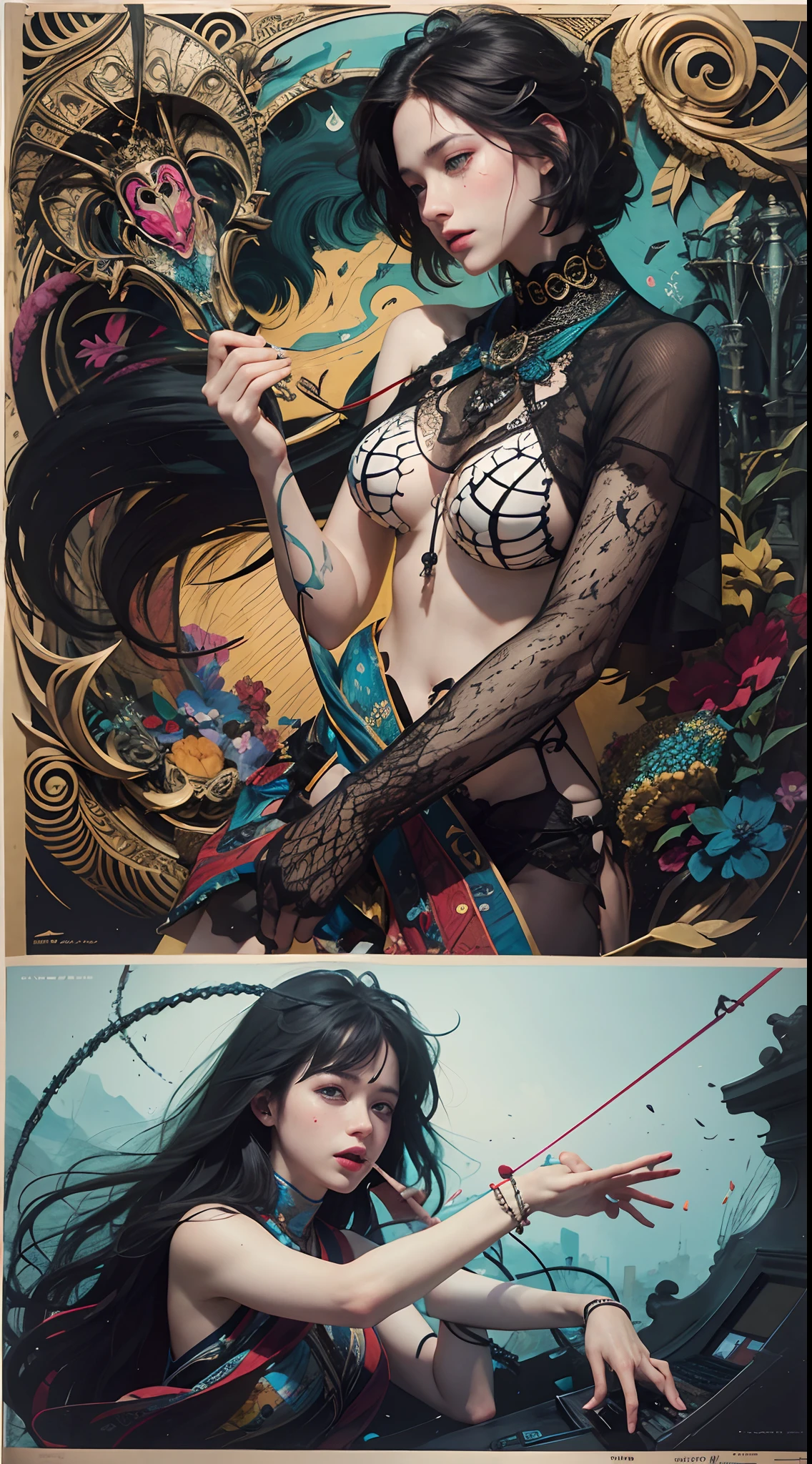 official art, unity 8k wallpaper, ultra detailed, beautiful and aesthetic, beautiful, masterpiece, best quality, (zentangle, mandala, tangle, entangle), dynamic angle, cowboyshot, the most beautiful form of chaos, elegant, a brutalist designed, vivid colours, romanticism, by james jean, roby dwi antono, ross tran, francis bacon, michal mraz, adrian ghenie, petra cortright, gerhard richter, takato yamamoto, ashley wood, atmospheric, enjoying a stream of music, where you can visualize the notes, ecstasy of musical notes, streaming musical notes visible