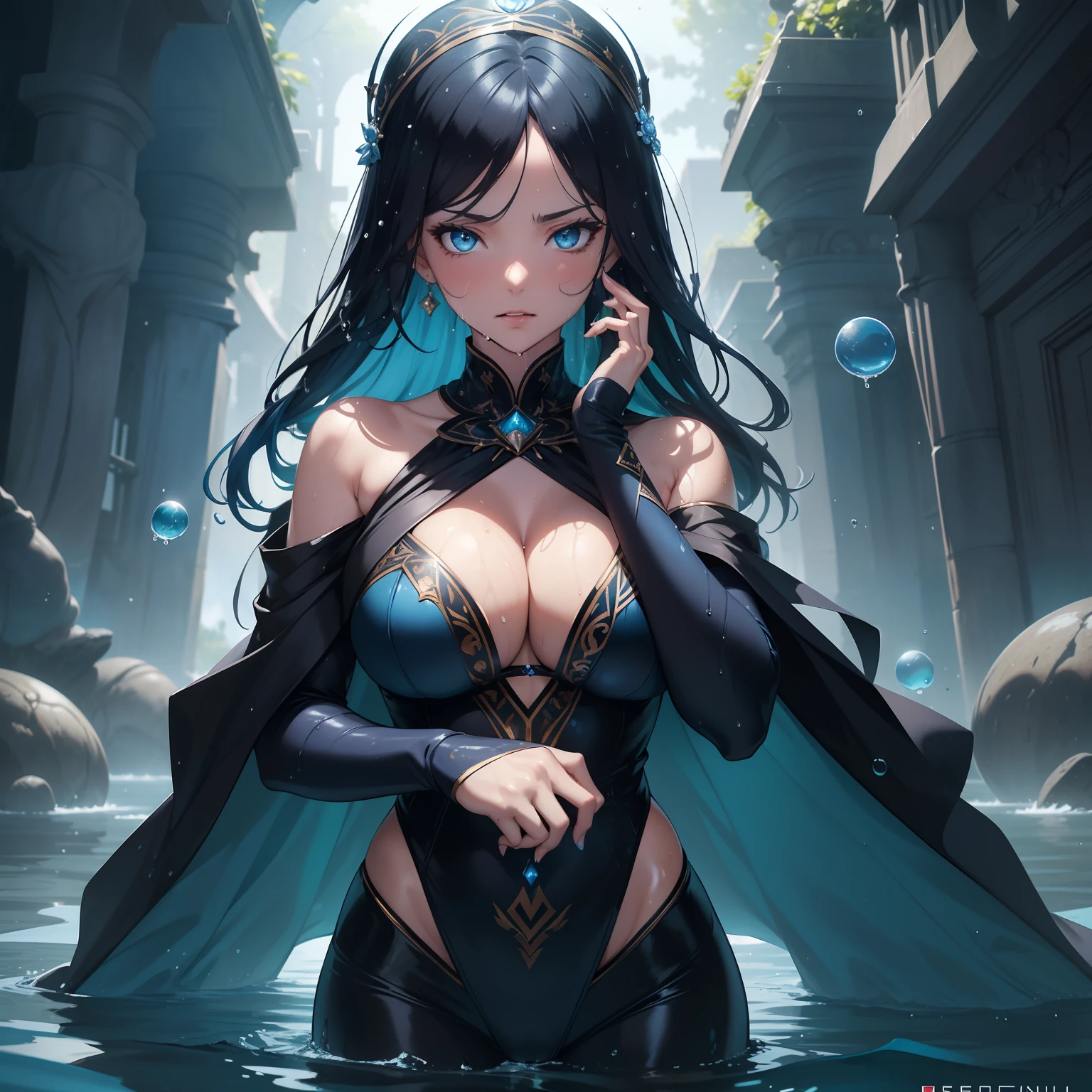 (masterpiece, 8k, best quality), photorealistic, cinematic, ((close-up shot)), front view, looking at the viewer, 1 anime girl, dark blue hair, perfect anatomy, perfect eyes, perfect hands, large cleavage, long round legs, curvaceous body, (((extremely detailed background))), (((dynamic background))), (((dark background))), (((luminous water balls))), the serene magician with black cape captures attention with her presence, her fitted attire, casting a tranquil azure glow, while her soft complexion, the outfit, tailored in opalescent black with intricate seashell patterns, elegantly follows her movements, as flowing skirts mirror tranquil shades of blue with delicate golden accents, pearl bracelets encircle her wrists, while current-like arm cuffs grace her forearms, poised, (((firing water ball with both hands))), (((wet skin))), (((wet outfit))), (((wet hair))), channeling her dominion, extremely detailed Artgem, ig model, artgem, alena aenami and artgem, krenz cushart and artgem, artgem and atey ghaila