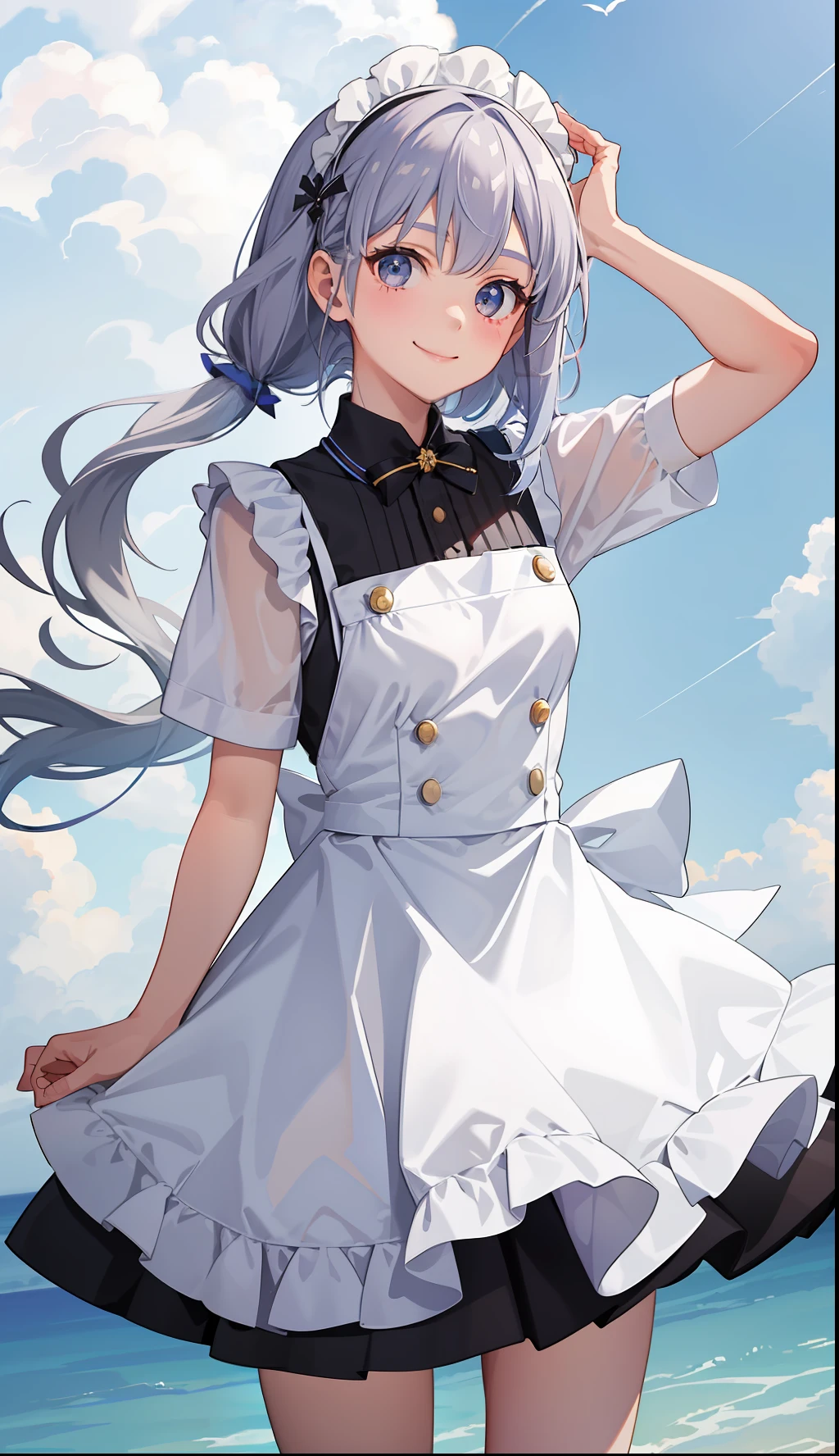 1girl in、A smile、A delightful! The shirt、skirt by the、(small tits)pinafore、doress、hair adornments、Maids、White costume、