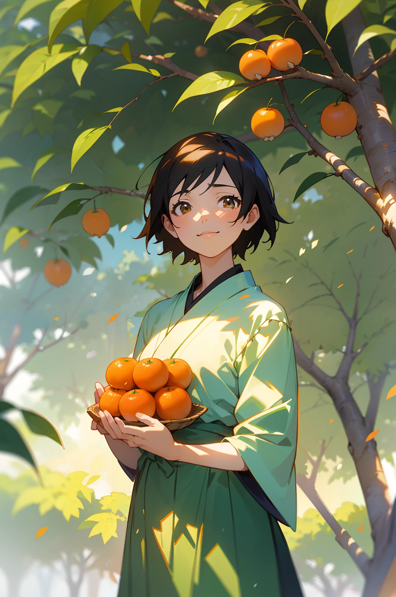 Illustration of a girl holding fruit under an orange tree,cheerfulness，of a real， in the style of makoto shinkai, jessica drossin, Kawasi, rural life scenes, Green, Sui Dynasty, Charming characters，Dreamy light and shadow，Beautiful anime girls，A girl in Hanfu，Fruitful orangeries