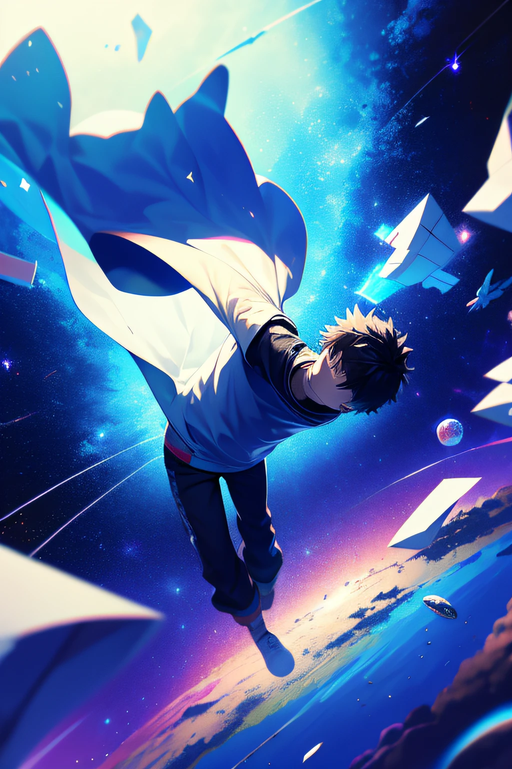 ridiculous resolution, high resolution, (masterpiece:1.4), super detailed, 1boy, seen from above, space, floating, --v 6
