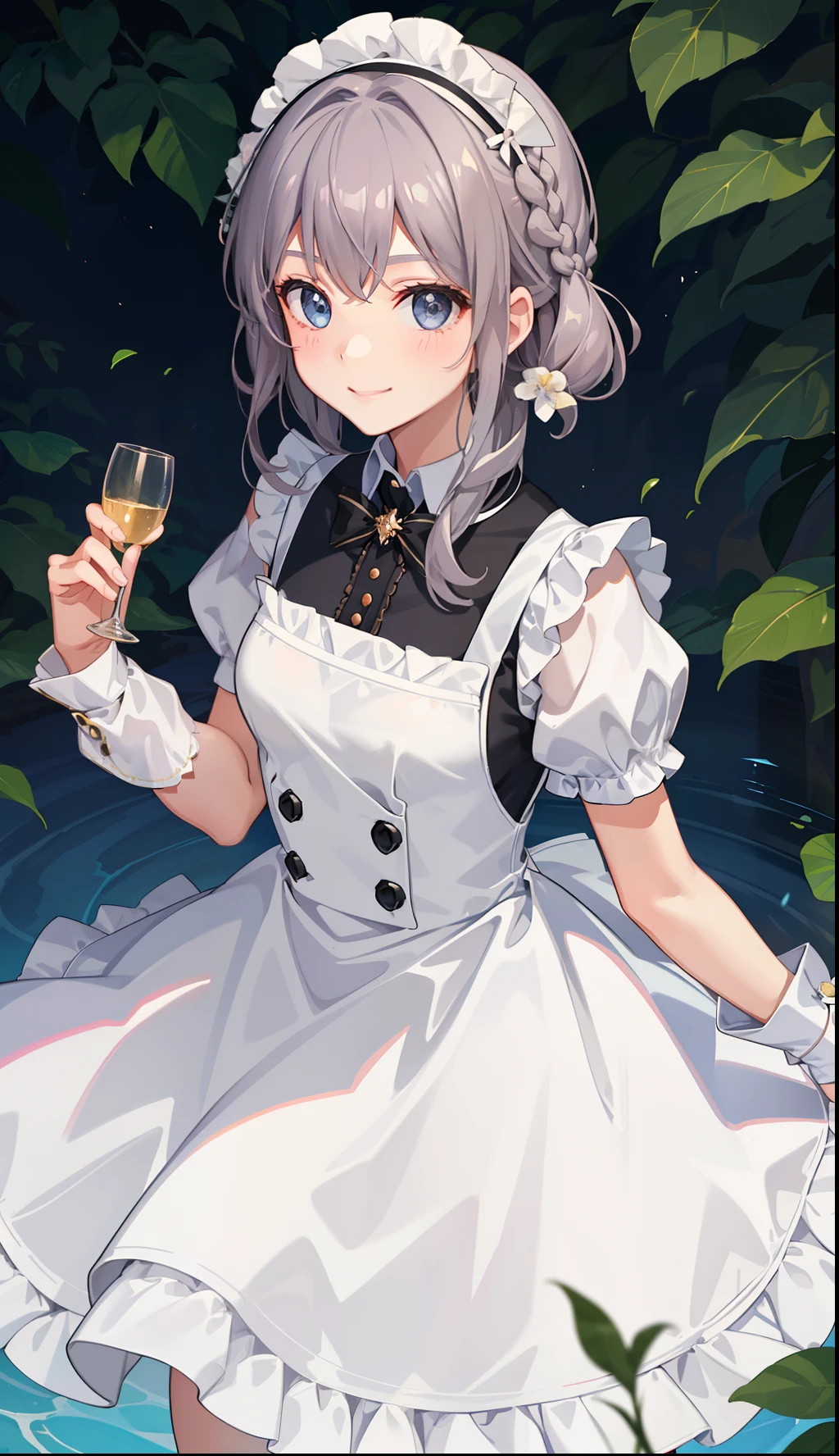1girl in、A smile、A delightful! The shirt、skirt by the、(small tits)pinafore、doress、hair adornments、Maids、White costume、