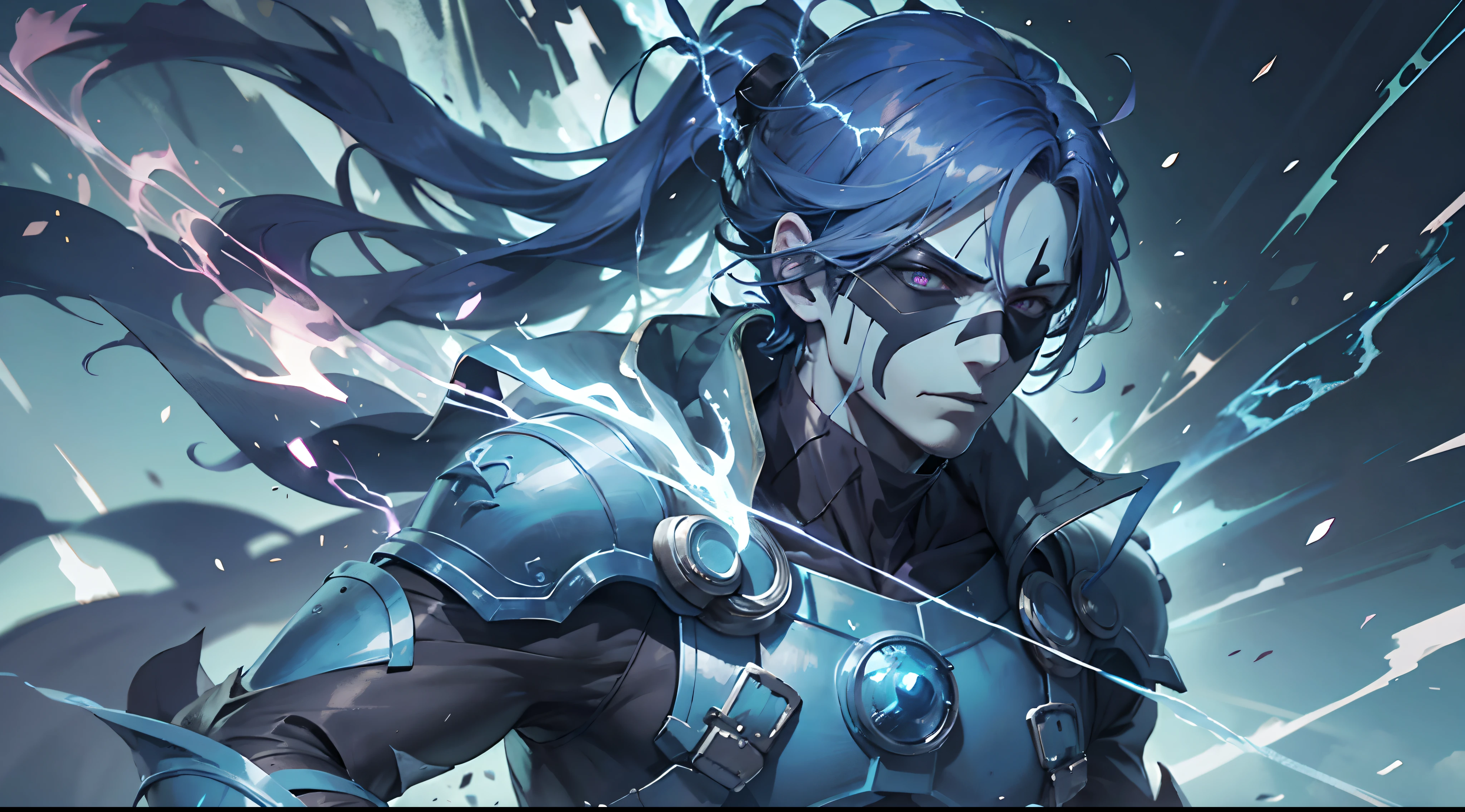 epic anime style, purple lightning, evil temperament, 20 year old male shadow assassin, black aura shines, black mask covers half of face, shadow supervisor, full body demon armor , handsome face, brilliant and majestic. Beautiful standard body and complete body structure. full body shot of a man with lightning in his hand, an epic anime about a purple energy man, in a fighting stance with long black ponytail blowing in the wind and glowing eyes look at the viewer. Cool Gapmoe Yandere, menacing look, gintama's Hijikata Toushirou, inspired by Masanobu Okumura, the originator of the anime art style, Nobutaka Ike, the night war rages behind him. Highest image quality 8K, details everything 8K.