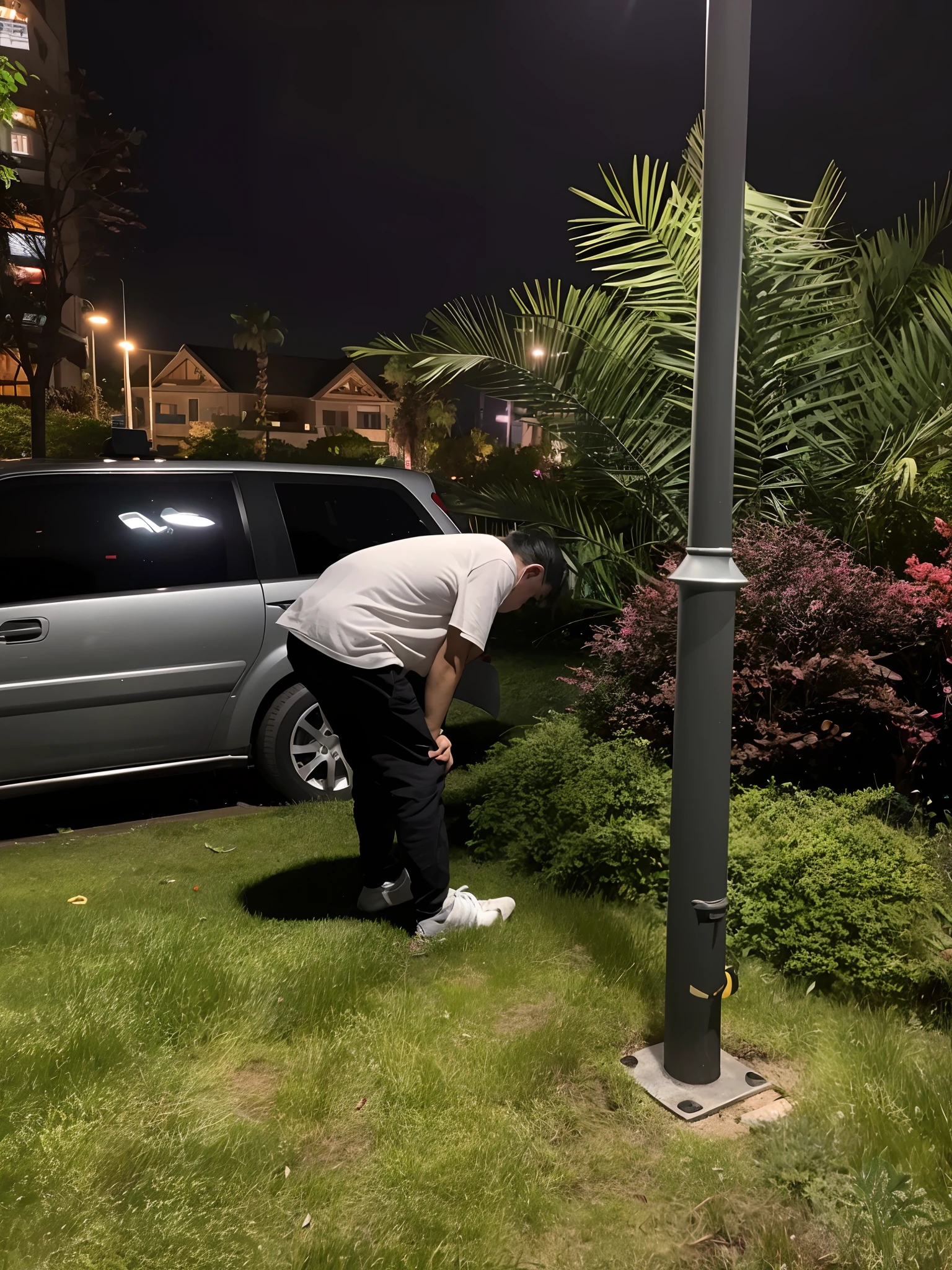 Drunk，The macho man stooped and vomited in the grass，At night under street lights，A night photo was taken。This photo has a harsh flash effect，It's like a hidden camera shot。The subject is Kim Yiwei's night scene in front of the house，A Sony Alpha 9 camera was used，The shooting distance is 2 meters to 3 meters。The whole picture blends into the atmosphere of the night，It shows the mystery of the outdoor night。