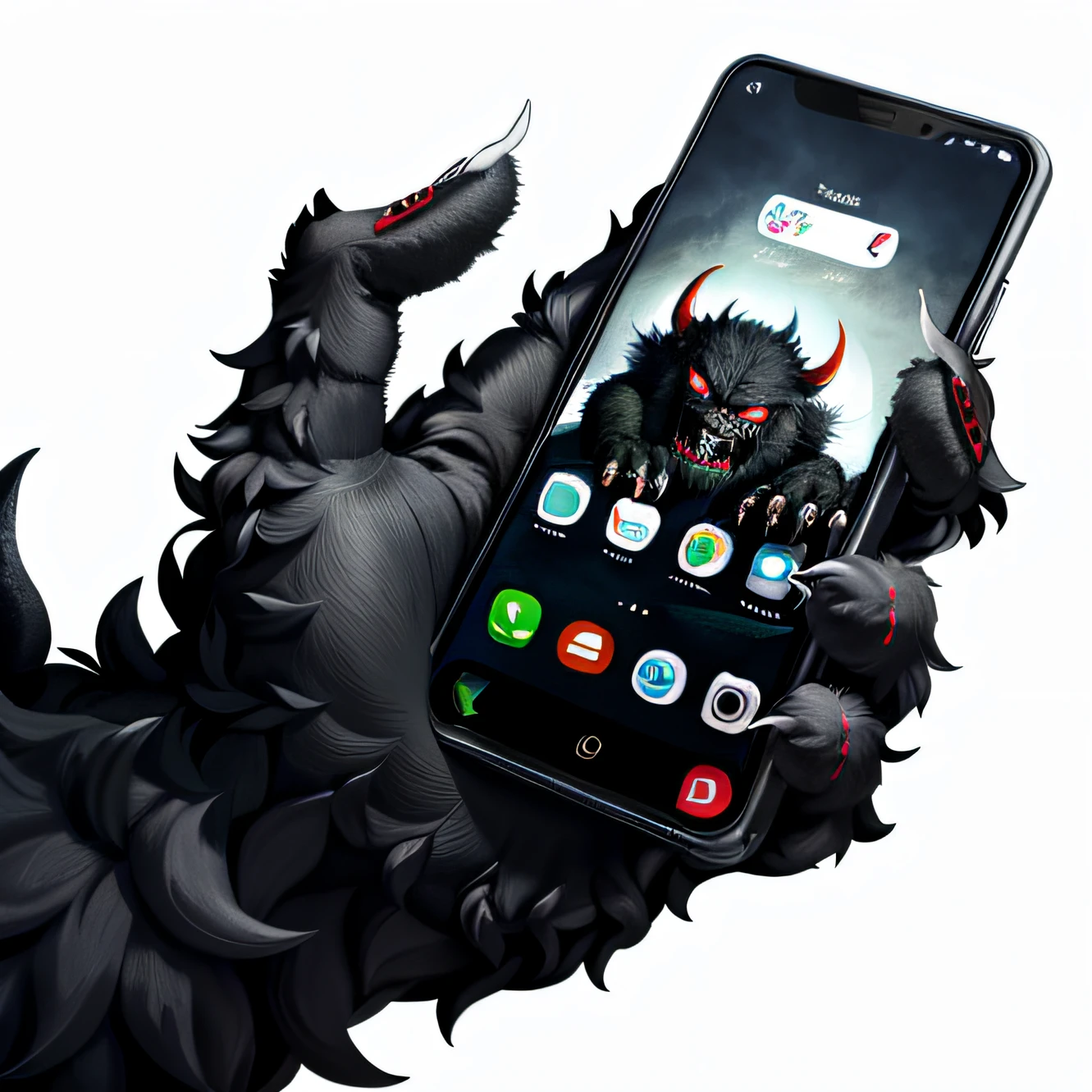 Furry black monster hands,The devil's claws,Long fingernails,Hold the front phone in the palm of your hand,Front phone,The monster holds the phone in the palm of his hand
