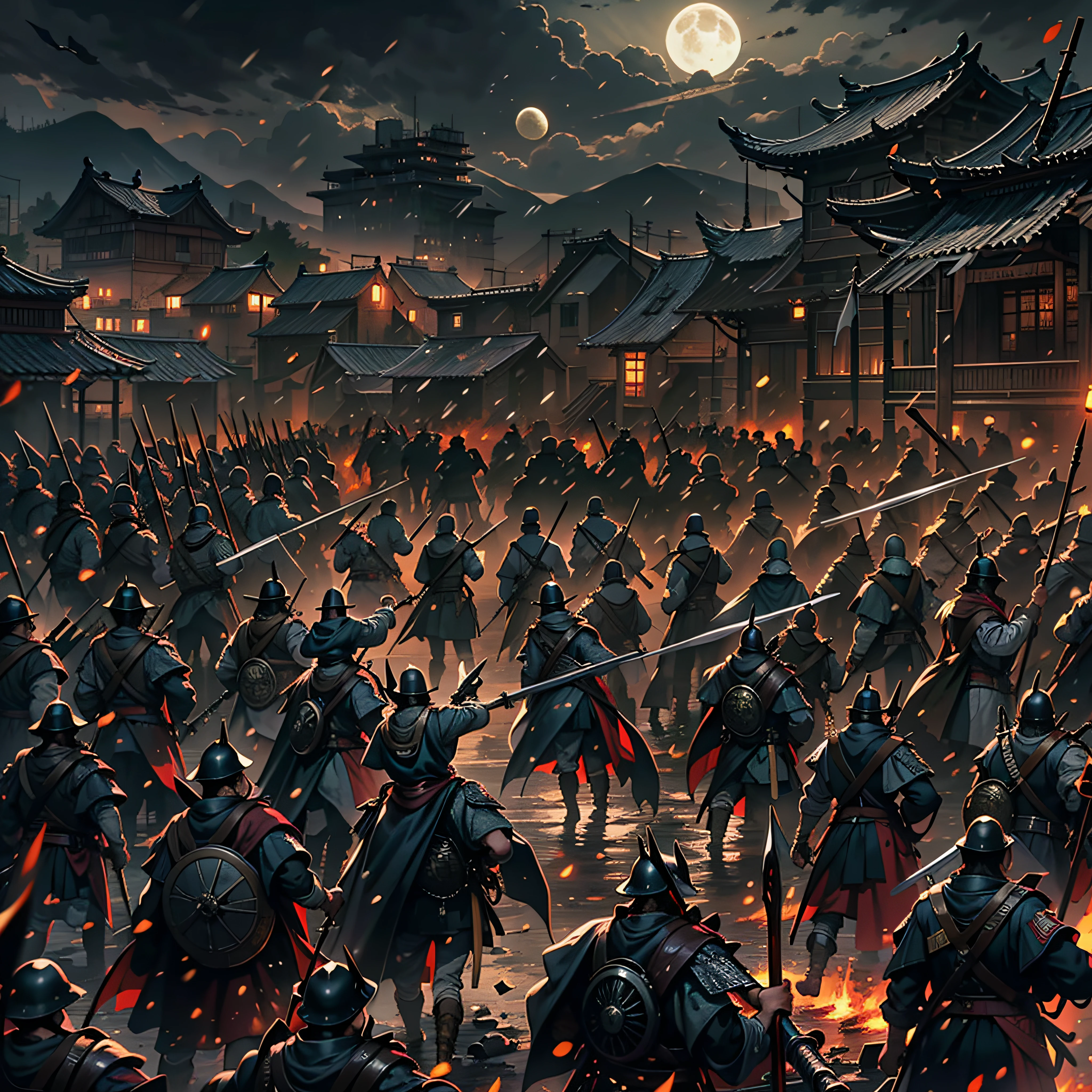 themoon， optic， fanciful，It was dark，storming，salama，in a panoramic view，Photos taken from video games in large cities with a large population, Black serious environment，The army lined up in formation, standing neatly with spears in hand， There were soldiers in front holding huge black flags，Beautiful rendering of the Three Kingdoms period, The scene of the war, Background: Battle scene, Army background, Heroic scenes, epic look at your scene,