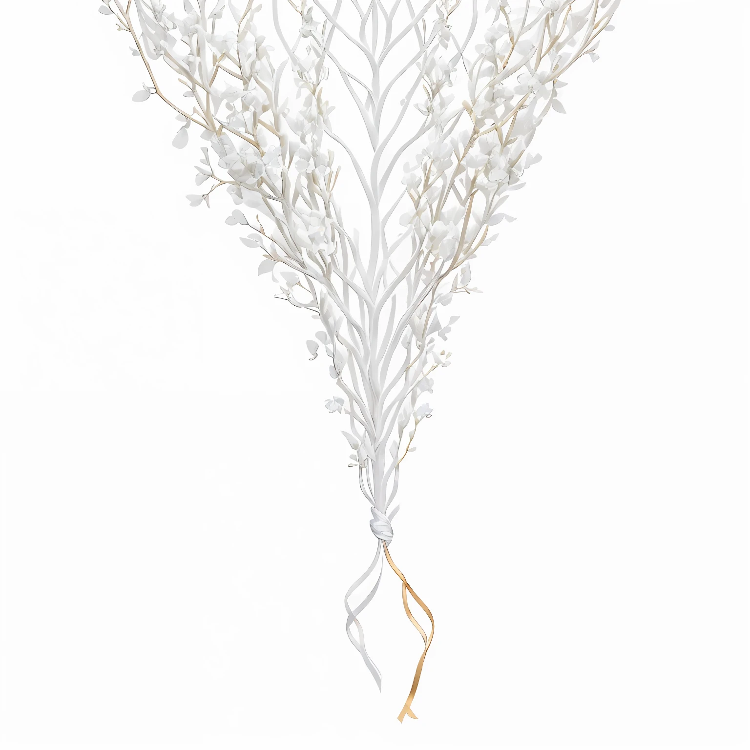 On a silvery white aesthetic background，A branch unfolds down from the top left corner，It grows silvery-white flowers，The lower half is crossed by three sky-blue lines，Golden silk threads intertwine with them