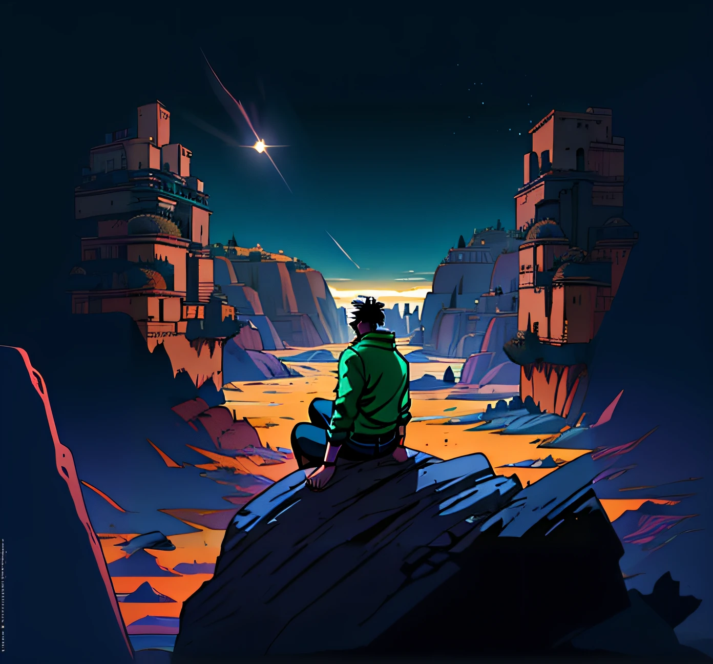 Anime - Style illustration of a man sitting on a rock looking at a distant city, Desolate. Digital illustration, cyril rolando and goro fujita, Inspired by Cyril Rolando, overlooking a desolate wasteland, arte de fundo, Makoto Shinkai Cyril Rolando, in the style of Cyril Rolando, michael whelan and tomer hanuka, background artwork