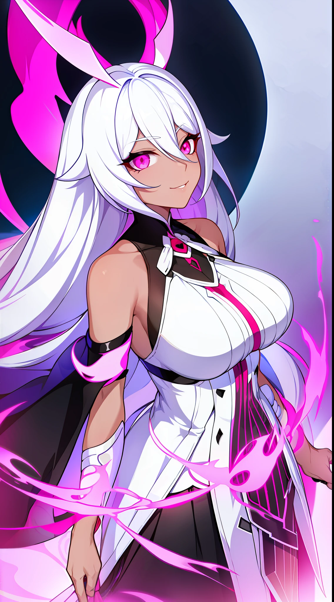 young girl, black skin, Long white hair with pink partings, pink eyes, smirk, Vampire, White rich dress, Sleeveless, open breasts, Masterpiece, hiquality