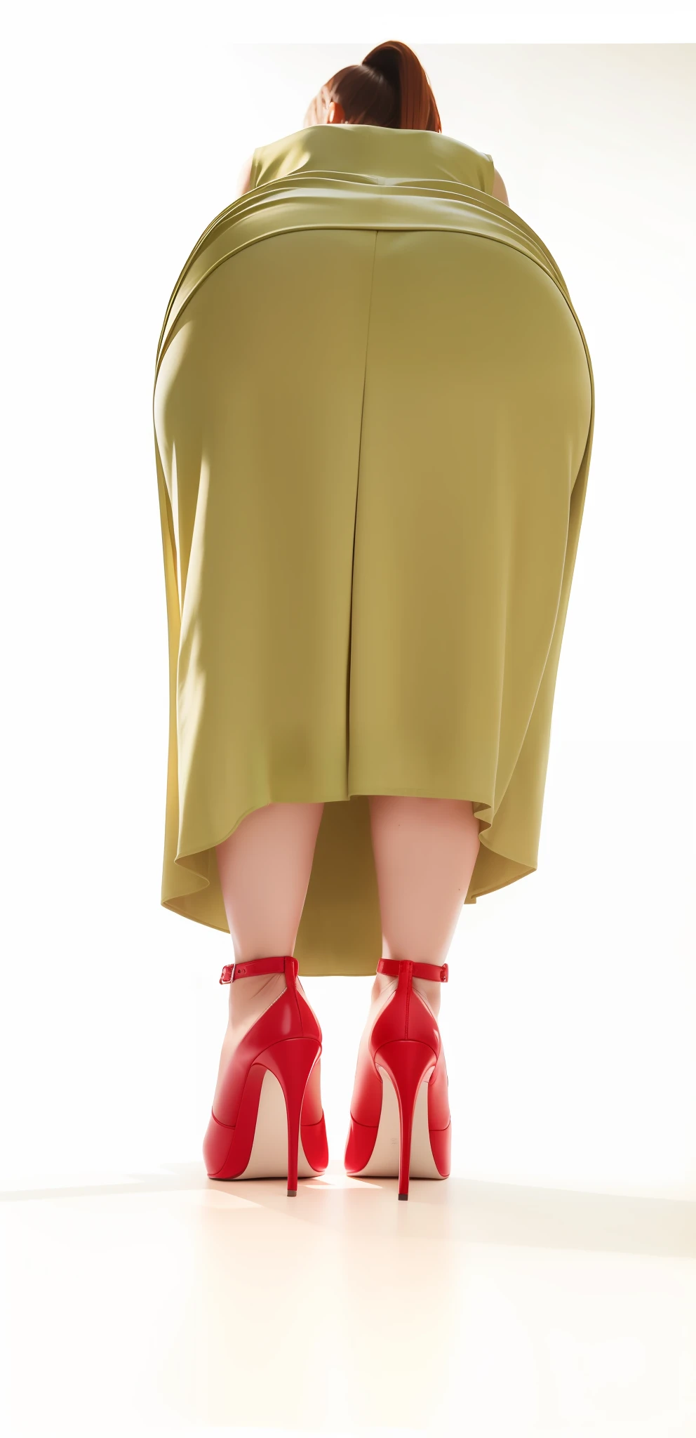 Very bright bright glare from behind long skirt beautiful tight ass focused on ass red high heels,back,Short ponytail ,4K, Detailed
