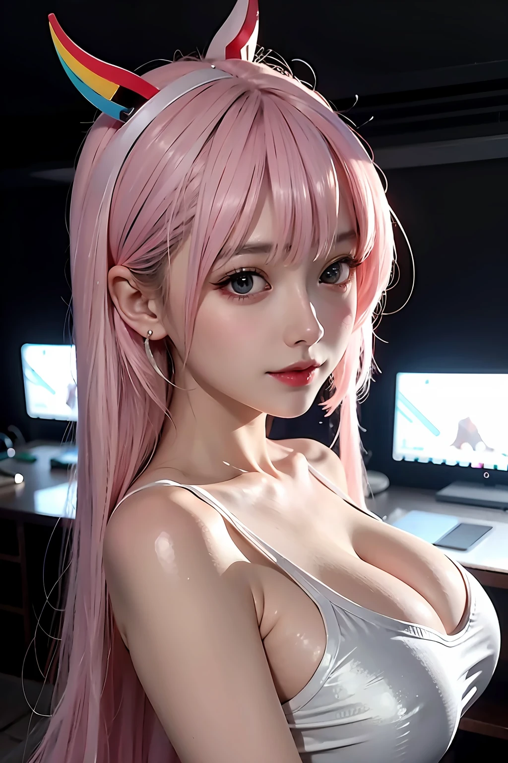 closeup cleavage，1个Giant Breast Girl，byself，[Dark blue and pink hair：Blue and pink hair：0.2]，cyber punk perssonage，high - tech，V，mechanicalparts，looking at viewert，Cyberpunk mechanical body parts，With a tattoo，Interior，Luminous laser earrings。hight contrast，the night，black in color，[freckle：0.9]，Reflective transparent rainbow，long whitr hair，nedium breasts，The face of the most beautiful Korean woman with white skin，seductiveexpression，（relaxed poses：1.5），eva，the complex background，Sony A6300，Extremely beautiful and gorgeous anime illustrations，Has cinematic TV，Surrounded by three strong men，White liquid horns in the mouth，（relaxed poses：1.5），eva，Complex background，Sony A6300，Extremely beautiful and gorgeous anime illustrations with a cinematic perspective。