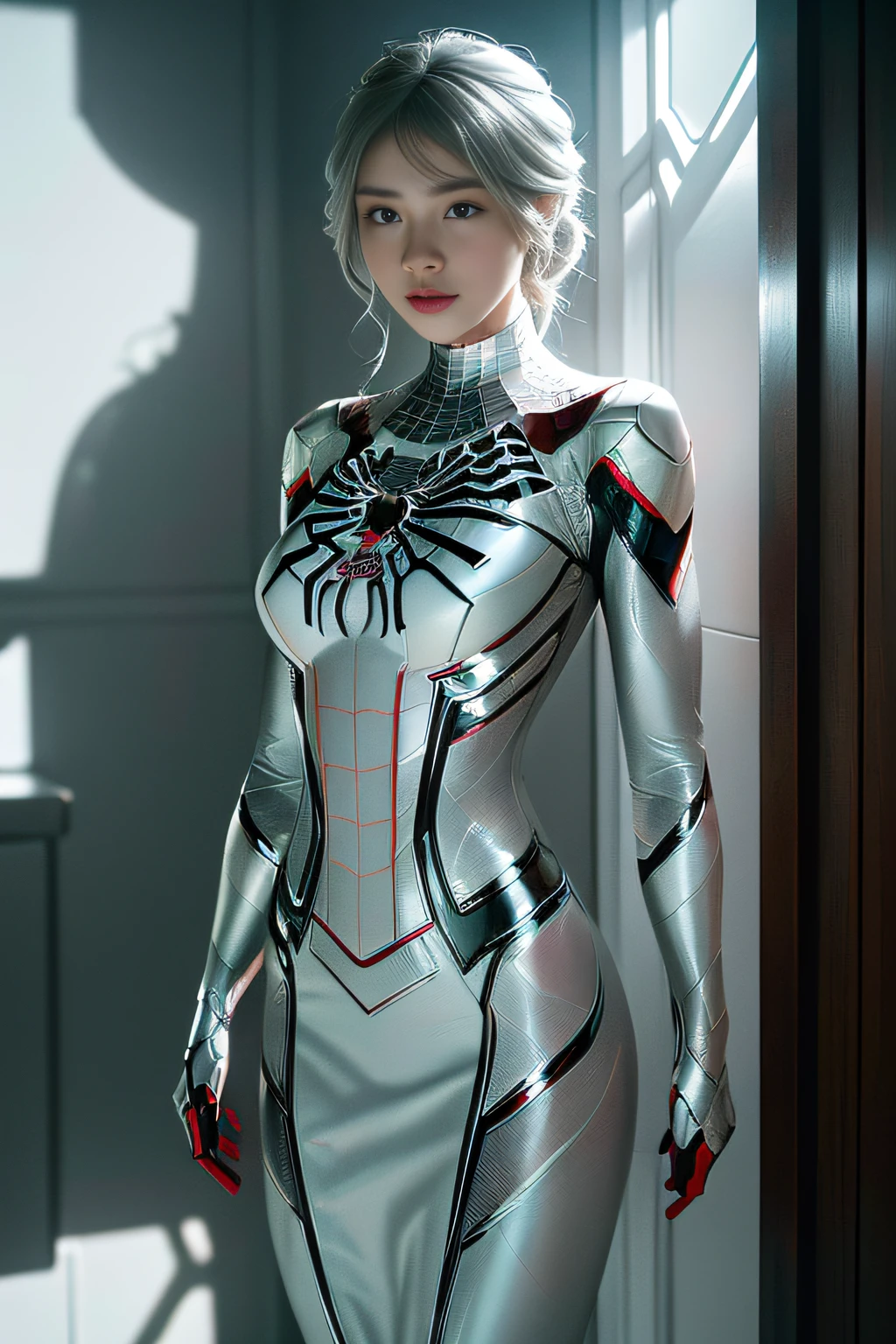 (Extreme Detail CG Unity 8K Wallpapers，tmasterpiece，Highest image quality)，(Delicate light and shadow，The picture is highly dramatic，Cinematic lens effect)，full bodyesbian，A girl in a short white Spider-Man dress，Long silver-gray hair，From the Spider-Man parallel universe，Wenger，Marvel，Spidey，dynamicposes)，(Exceptional detail，The lighting effect is outstanding，Vista wide angle)，(Excellent rendering，Enough to stand out from the crowd)，The focus is on the white Spider-Man costume，Complex spider textures