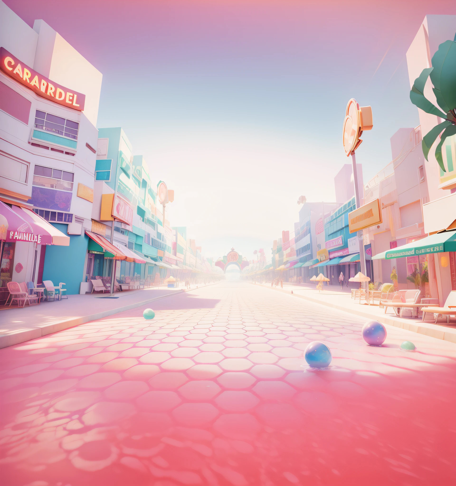 Paradise world/Carnival City,3Drenderingof,Dopamine Mood Paradise,Summer carnival style,Lovely and sophisticated building,shop,Premium texture,high-class details,Studio lights
