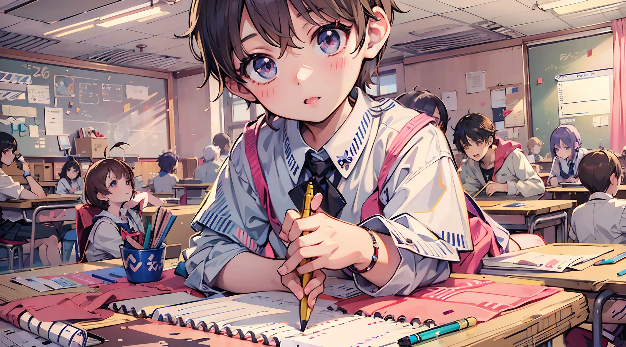 Anime boy sitting at desk writing in classroom with other students, anime moe art style, kawacy, clean detailed anime art, High quality anime art style, digital anime illustration, Anime visuals of cute girls, anime style 4 k, painted in anime painter studio, anime art style, a hyperrealistic schoolgirl, Smooth Anime CG Art, Anime Illustration