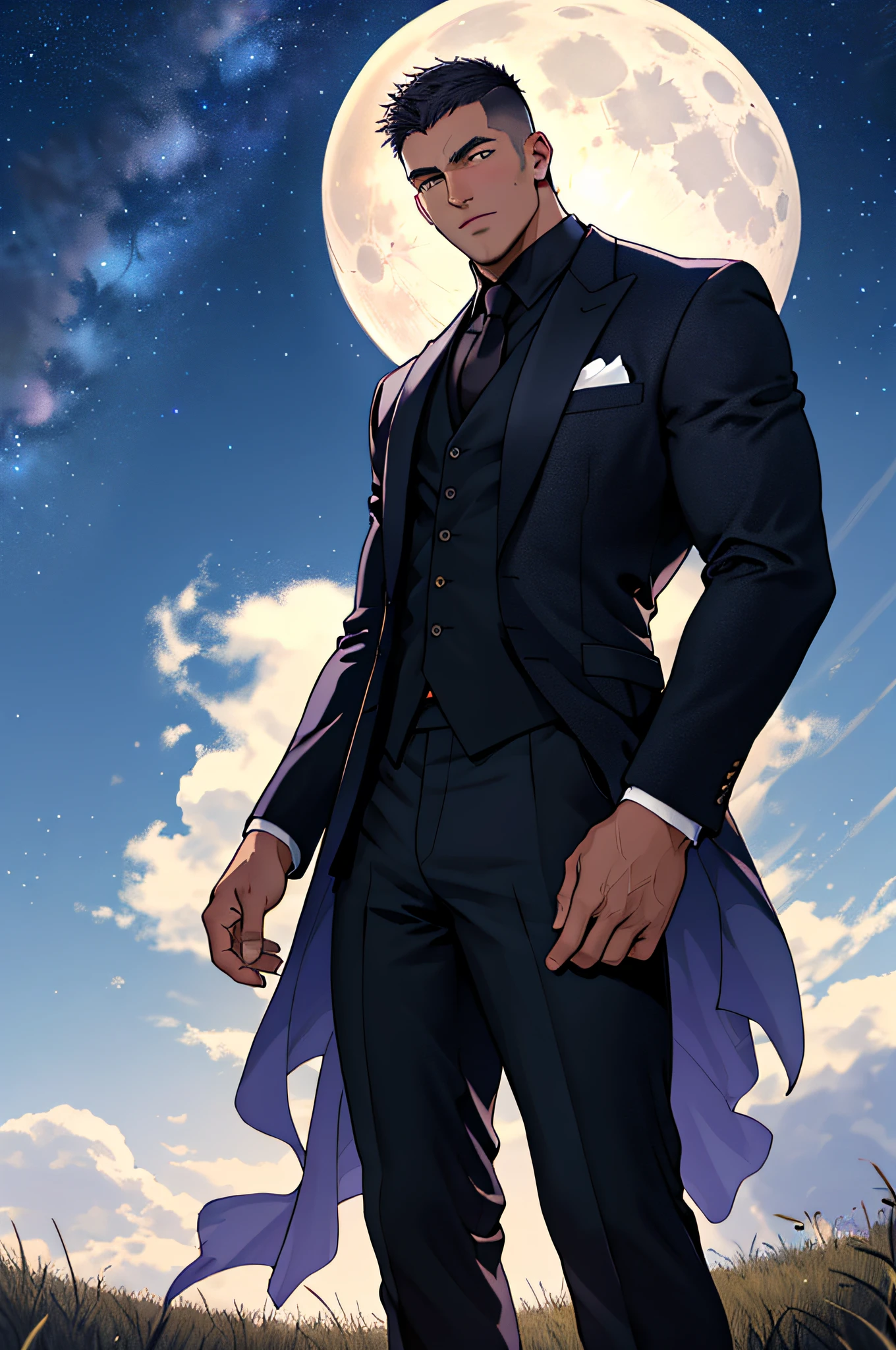 Draw a full-fledged footballer,Standing on the steppe at night,He wears a fancy suit,The man looks confident and determined,looking-down,Crew cut,full bodyesbian,Stars dot the sky,shooting from below,Big moon highlights background
