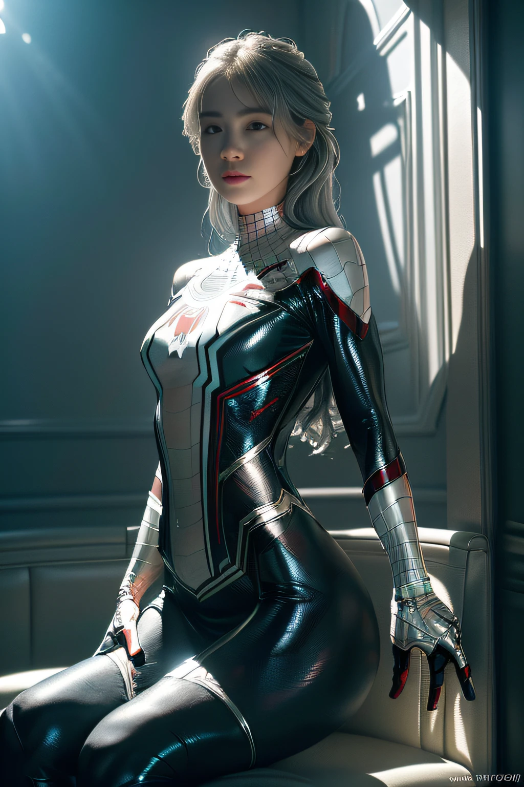 (Extreme Detail CG Unity 8K Wallpapers，tmasterpiece，Highest image quality)，(Delicate light and shadow，The picture is highly dramatic，Cinematic lens effect)，full bodyesbian，A girl in a short white Spider-Man dress，Long silver-gray hair，From the Spider-Man parallel universe，Wenger，Marvel，Spidey，Sit on a sofa or bench，dynamicposes)，(Exceptional detail，The lighting effect is outstanding，Vista wide angle)，(Excellent rendering，Enough to stand out from the crowd)，The focus is on the white Spider-Man costume，Complex spider textures