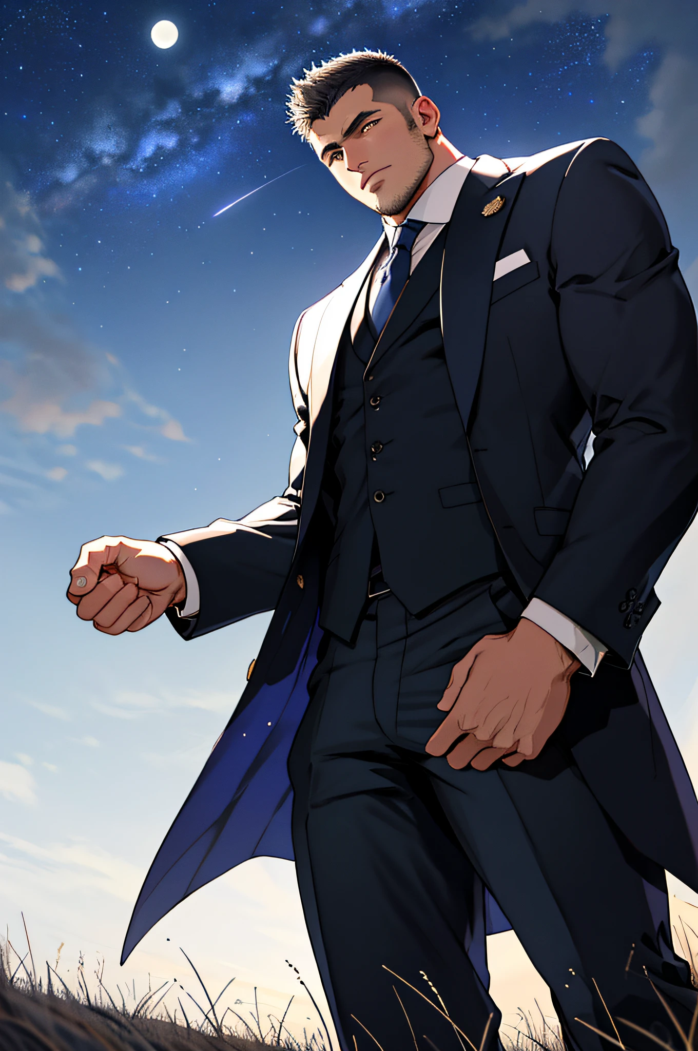 Draw a full-fledged footballer，Standing on the steppe at night，He wears a fancy suit，The man looks confident and determined，looking-down，Crew cut，full bodyesbian，Stars dot the sky，shooting from below，Big moon highlights background
