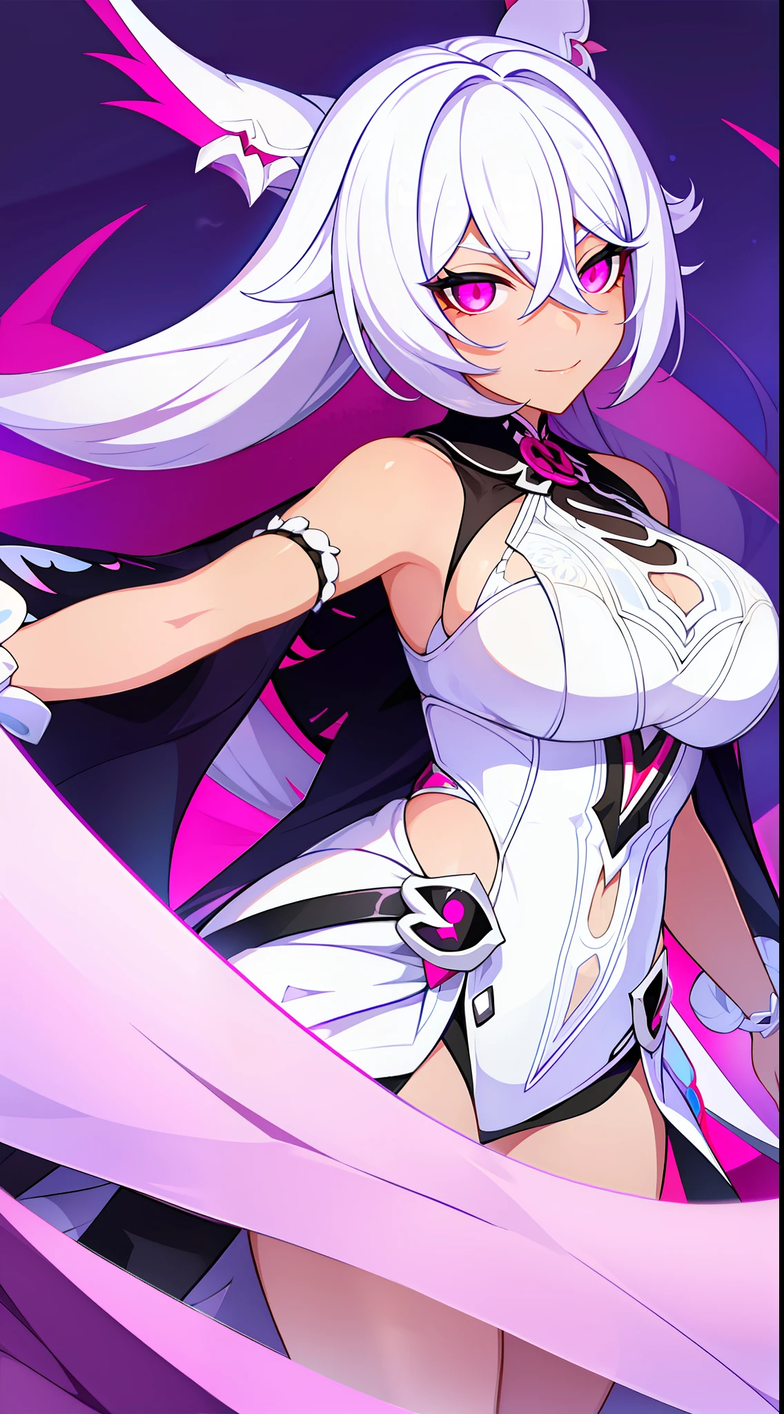 young girl, black skin, Long white hair with pink partings, pink eyes, smirk, Vampire, White rich dress, Sleeveless, open breasts, Masterpiece, hiquality