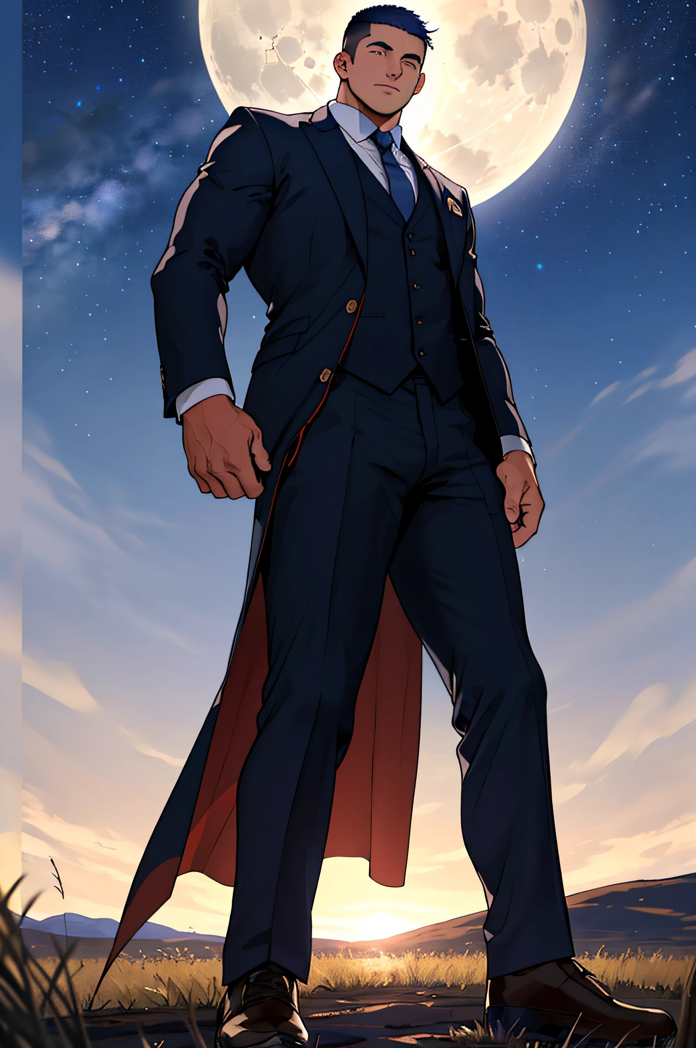 Draw a full-fledged footballer，Standing on the steppe at night，He wears a fancy suit，The man looks confident and determined，looking-down，Crew cut，full bodyesbian，Stars dot the sky，shooting from below，Big moon highlights background
