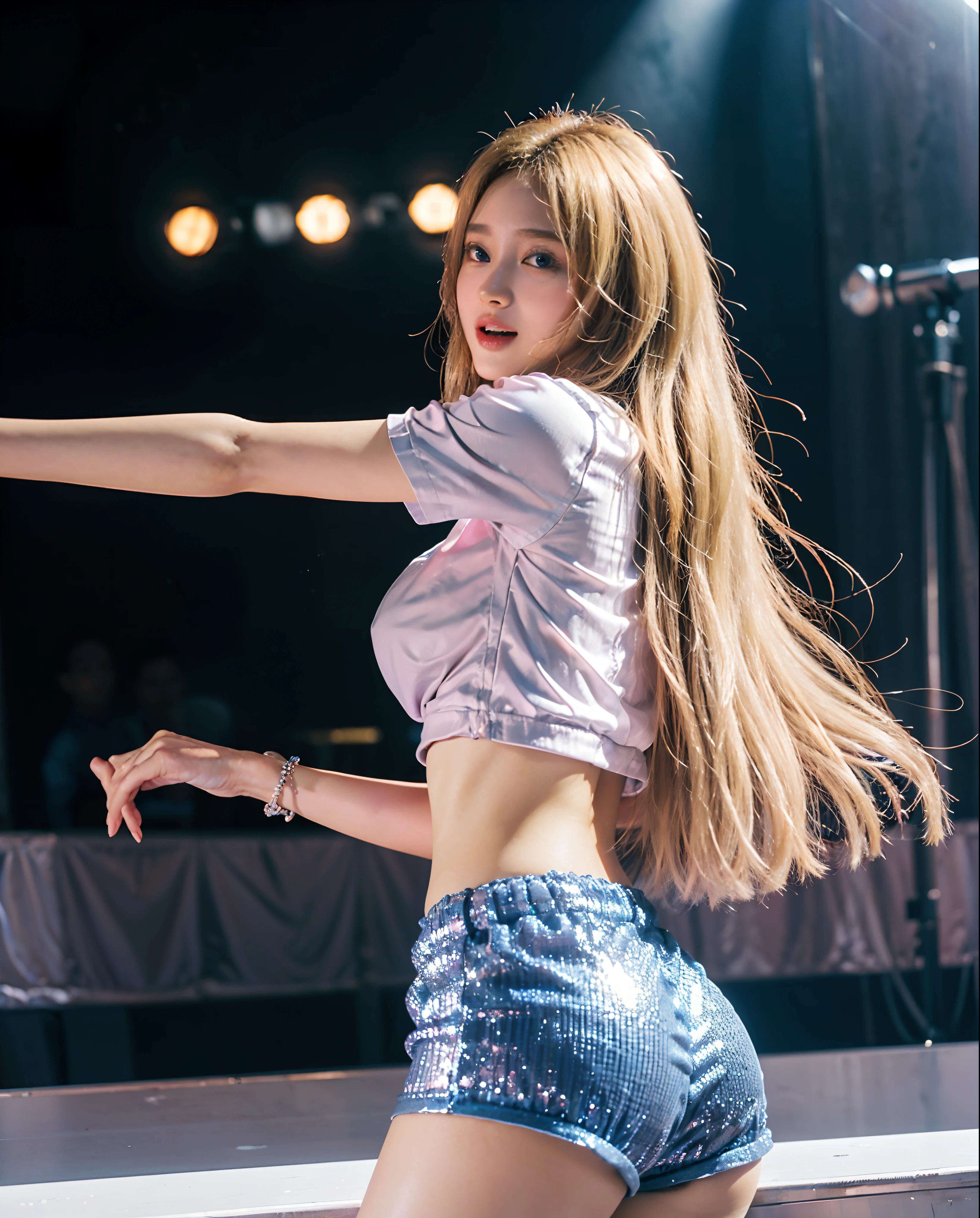 1Girl, (Blue Eyes), Laughter, ((In the name of Minaj)), Wide Buttocks, large full breasts, big size ass, (Best Quality, 8K, Masterpiece: 1.3), Clear Focus: 1.2, Perfect Body Beauty : 1.4, Slim Abs: 1.2, Highly detailed face and skin texture, Detailed Eyes, Double eyelids, (with long blond hair), (Shirt and sequined shorts), k-pop, idol, (Singing and dancing), (on a stage), At a concert