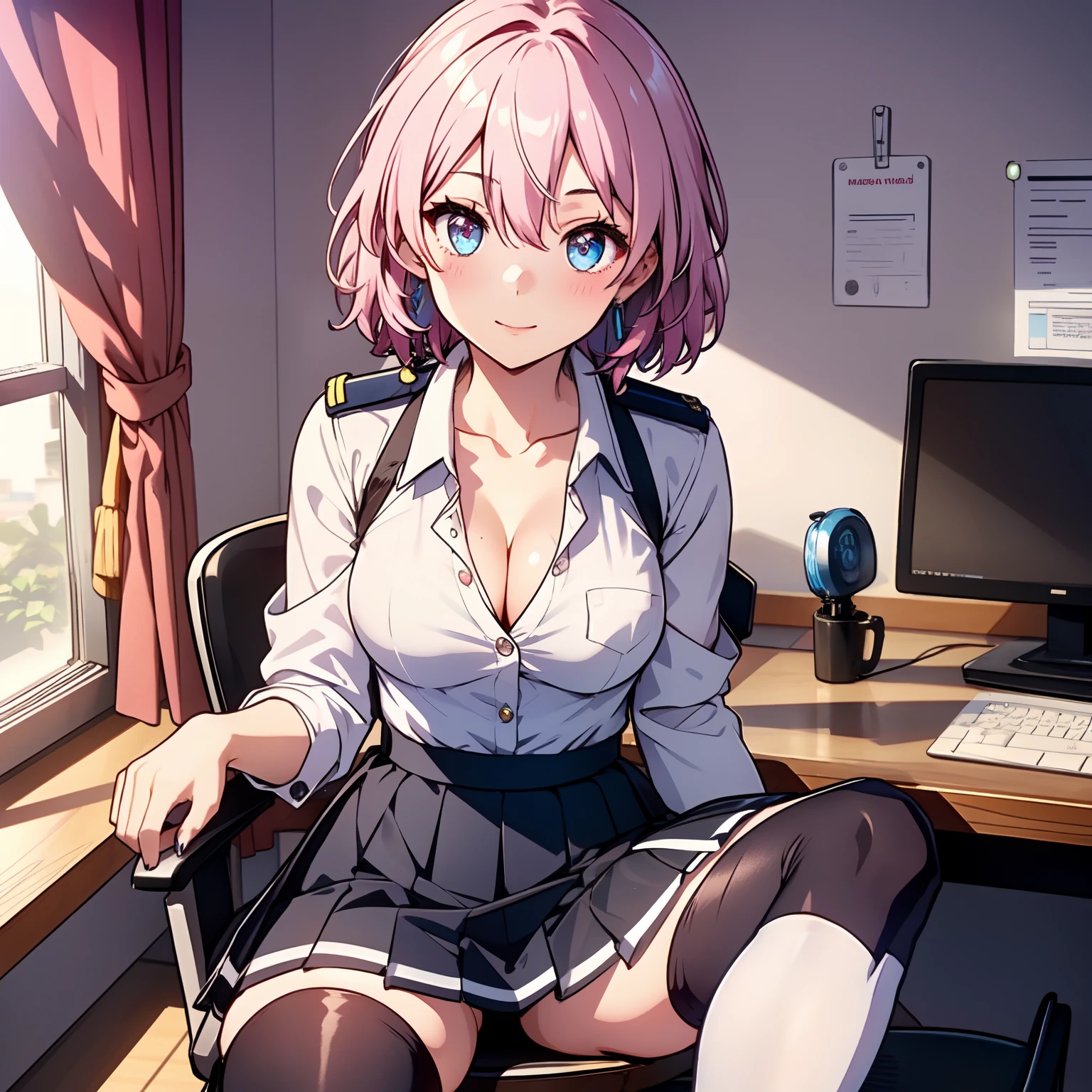 ph_Mar
Marhd
Mards
1girl
solo
hair between eyes
short hair
multicolored eyes, 1girl, solo, ((white shirt)), slim body, medium breasts, cleveage, black thighhighs, breasts, cleavage, uniform, office background, black skirt, pleated skirt, office, hair between eyes, blue earring, large breasts, looking at viewer, pink short nails, blue eyes, solo, thighhighs, thighs, ((masterpiece)), sitting, chair, desk, computer on desk, name tag, id tag, indoor, blush, sexy pose, hands behind,