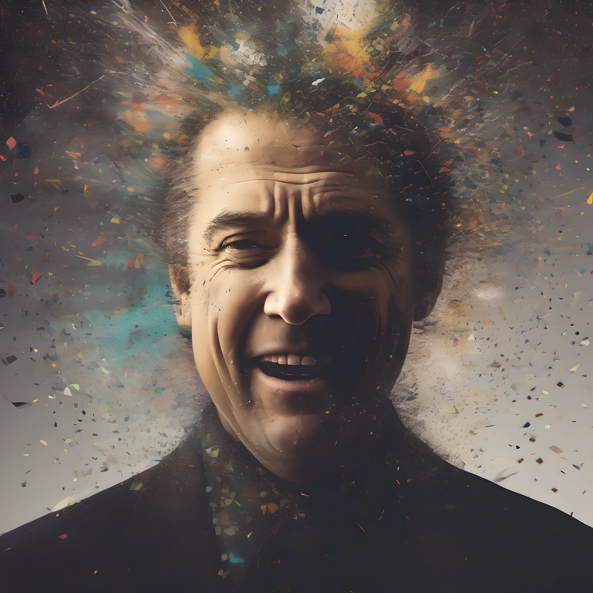 1man, laughter, insanity, television static, noise, poster, high concept, masterpiece, headshot, fractal, disintegration