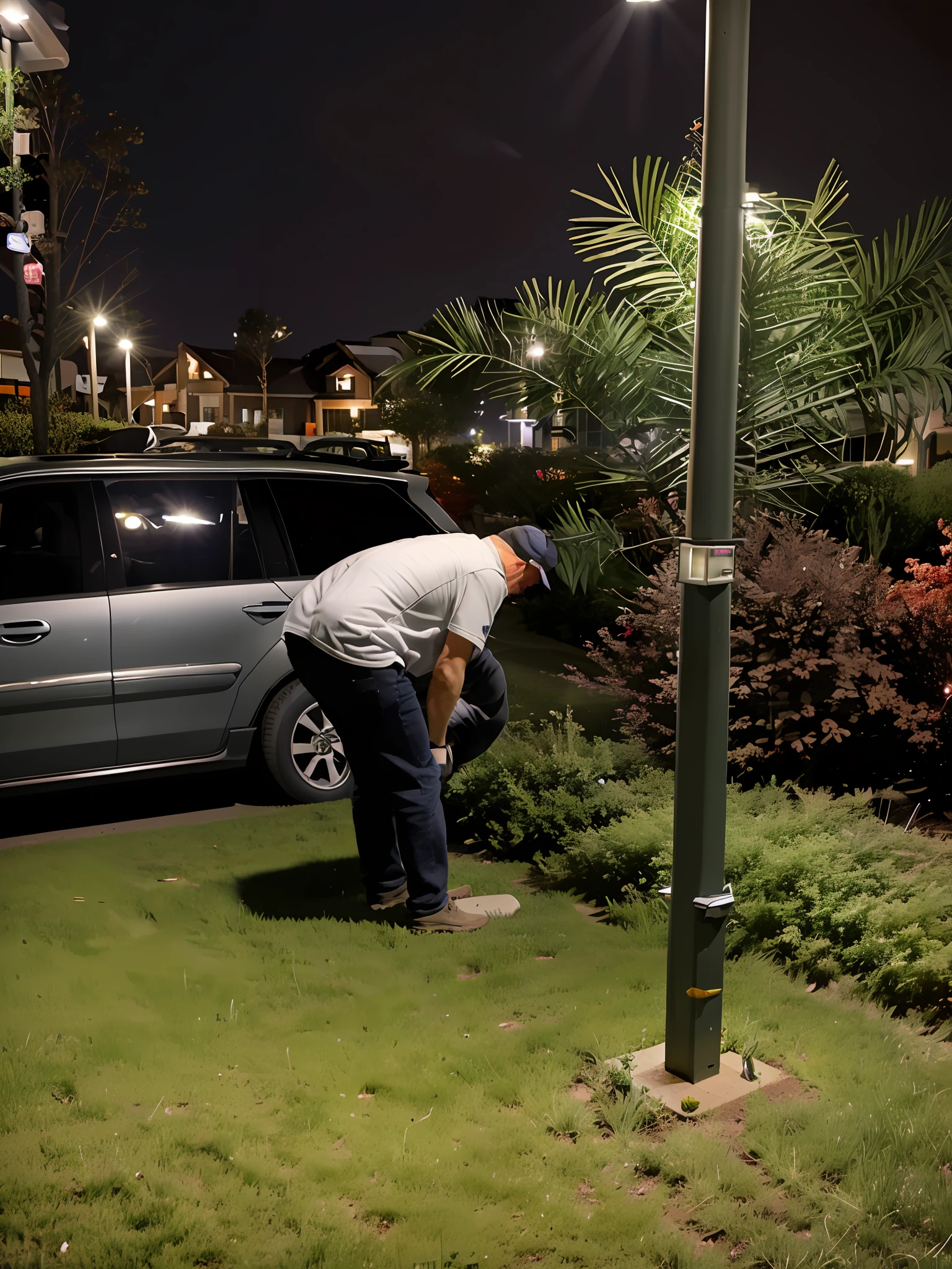 There was a man bending down to pick something up from the ground, Bless the soil at night, taken in the night, Under street lights, photo taken at night, Outdoors at night, during night, harsh flash photo at night, night realism, outside lighting, In front of the house, 2m, Outdoor, hidden camera photo, Night outside, 3 meters