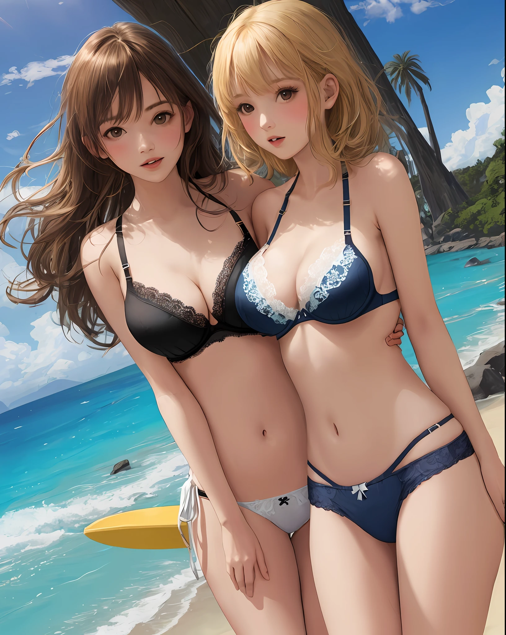 Beach, girlfriends, breasts, bikini, lace bra, lace panties
