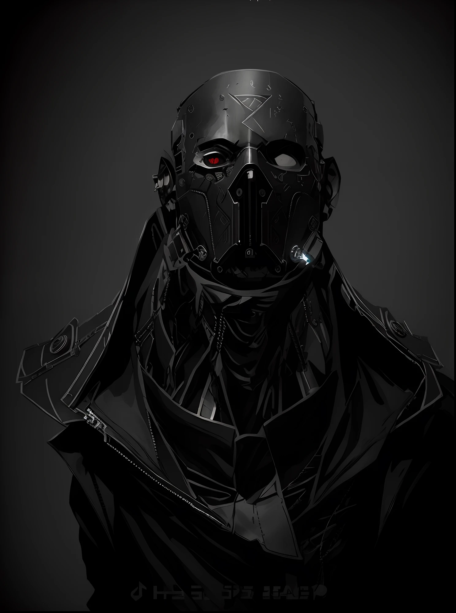 a drawing of a man with a mask on his face, dishonored style, dishonored inspired, cool shading, hard surface character pinterest, sharp detailed face, interesting character design, concept headshot art, heavy ink, line work concept art, cyborg portrait, sci fi character concept, mike mignola style, cyberpunk horror style, horror concept art, menacing look