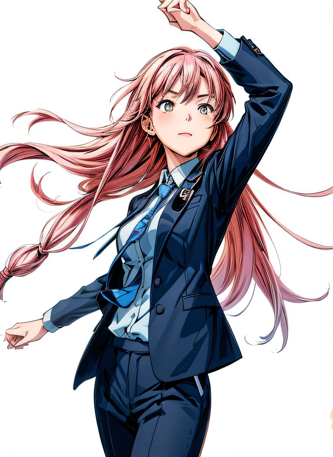 actionpose、Overflowing、cheerfully、（Manga style）、(linear art_Anime)、(solid color_strong contrasts)、(小柄,Solo_girl, ​masterpiece, top-quality, beautifully drawn, ighly detailed, Aesthetic painting, (Lora Add Details:1.0),hi-school girl、Straight hair、jaket、Business suits、neck tie、（Background of the building district:1.0）