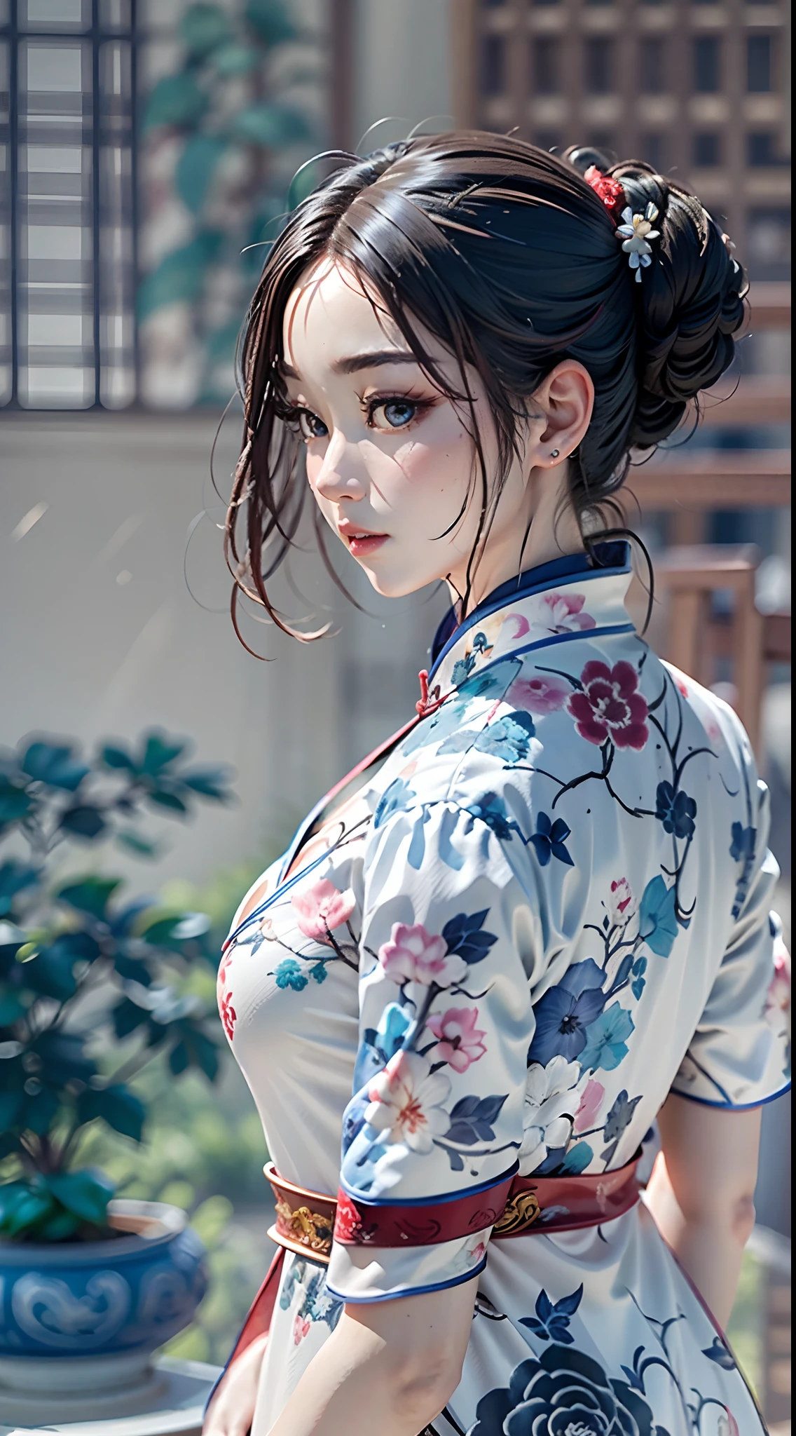 Ink wind，ink，water ink，Smudge，（Blue and white porcelain style：1.5），Jingdezhen porcelain，（Cheongsam beauty：1.4），closeup cleavage，sharp focus on eyes，Modern cheongsam，Blue and white porcelain，Ancient buildings are scattered，Works of masters，super-fine，high qulity，8K分辨率