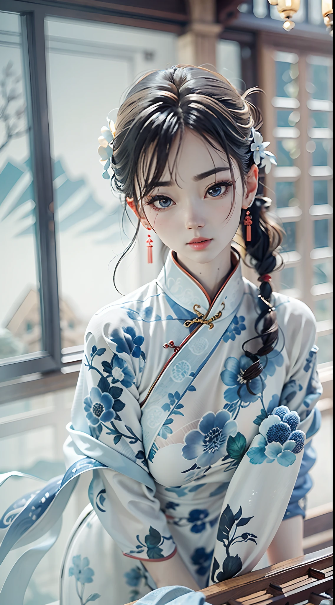 Ink wind，ink，water ink，Smudge，（Blue and white porcelain style：1.5），Jingdezhen porcelain，（Cheongsam beauty：1.4），closeup cleavage，sharp focus on eyes，Modern cheongsam，Blue and white porcelain，Ancient buildings are scattered，Works of masters，super-fine，high qulity，8K分辨率