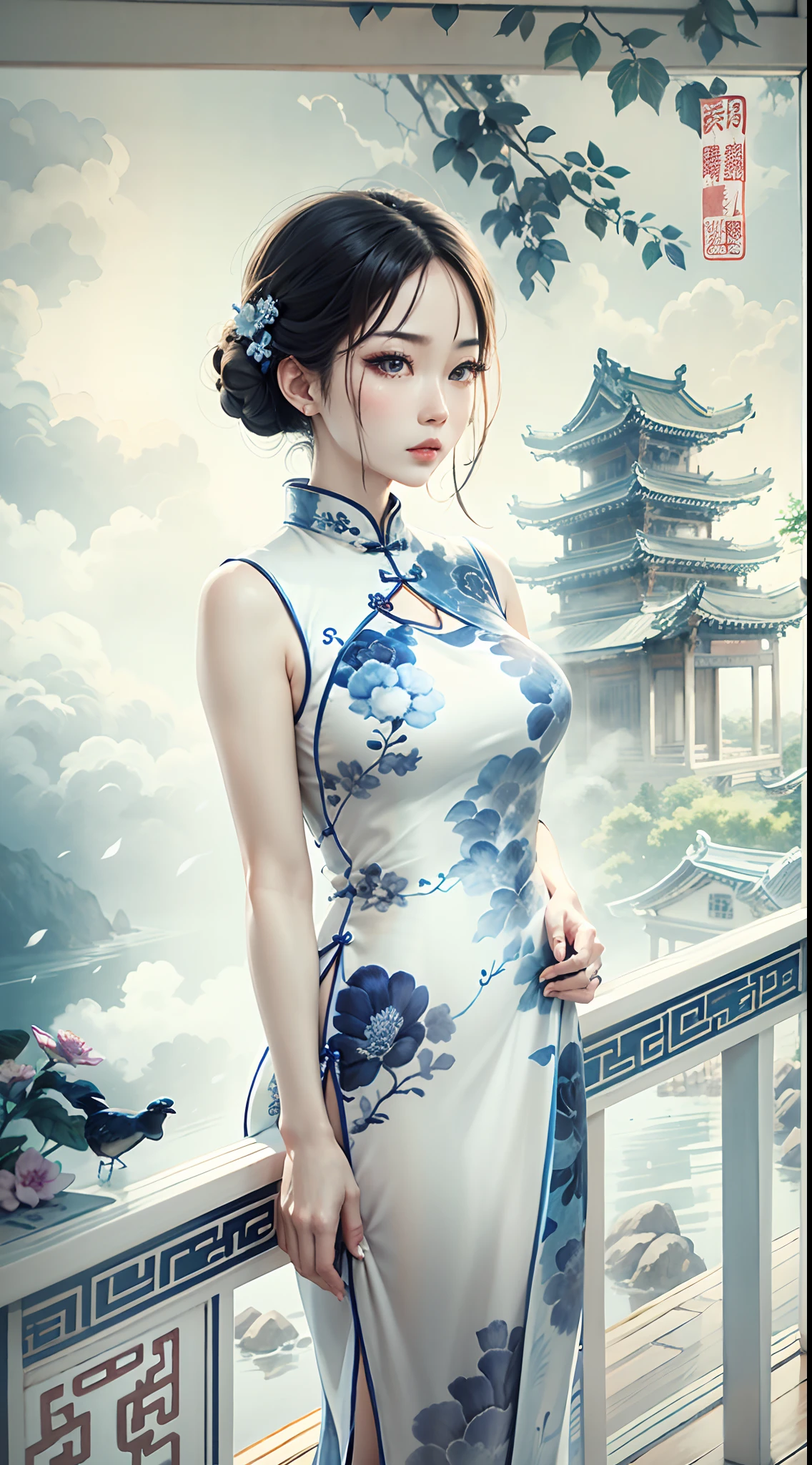 Ink wind，ink，water ink，Smudge，（Blue and white porcelain style：1.5），Jingdezhen porcelain，（Cheongsam beauty：1.4），closeup cleavage，sharp focus on eyes，Modern cheongsam，Blue and white porcelain，Ancient buildings are scattered，Works of masters，super-fine，high qulity，8K分辨率