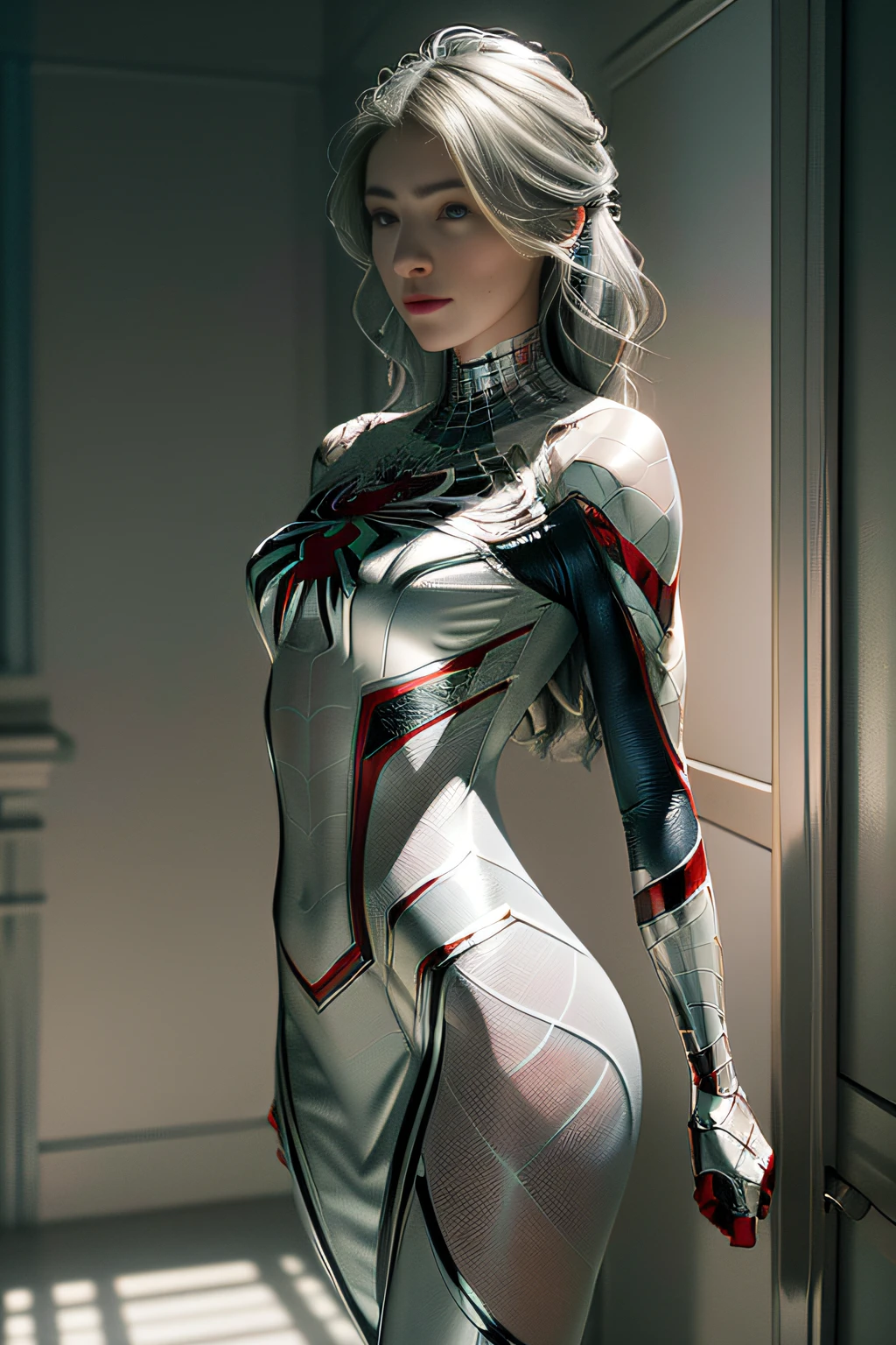 (Extreme Detail CG Unity 8K Wallpapers，tmasterpiece，Highest image quality)，(Delicate light and shadow，The picture is highly dramatic，Cinematic lens effect)，full bodyesbian，A girl in a short white Spider-Man dress，Long silver-gray hair，From the Spider-Man parallel universe，Wenger，Marvel，Spidey，dynamicposes)，(Exceptional detail，The lighting effect is outstanding，Vista wide angle)，(Excellent rendering，Enough to stand out from the crowd)，The focus is on the white Spider-Man costume，Complex spider textures