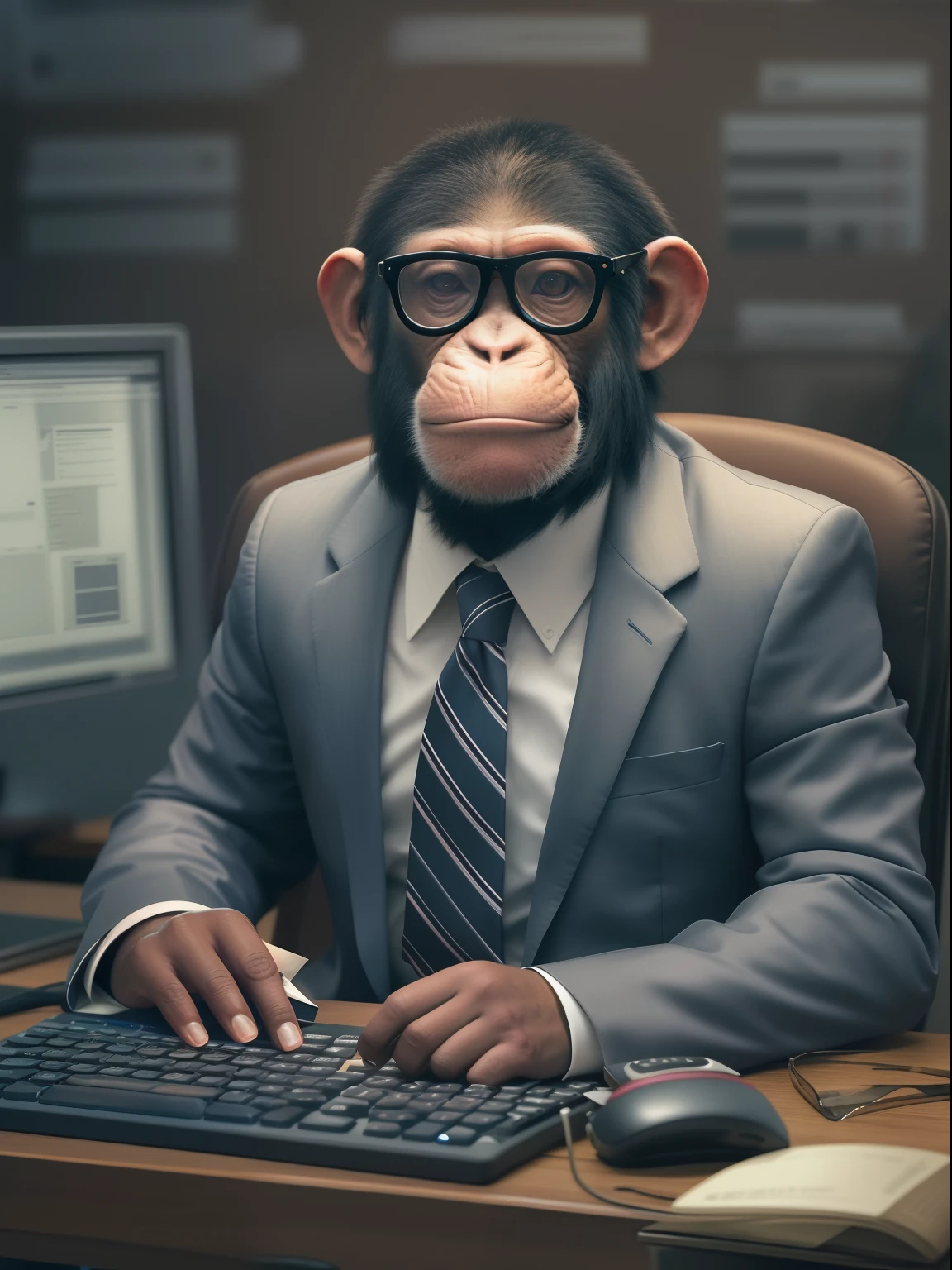 chimp,Not human,dressed in a suit,With a tie,Wearing glasses,Sit in front of a computer and type,Keep your eyes on the computer screen,The background is a crowded office,Side lens,Rich in detail